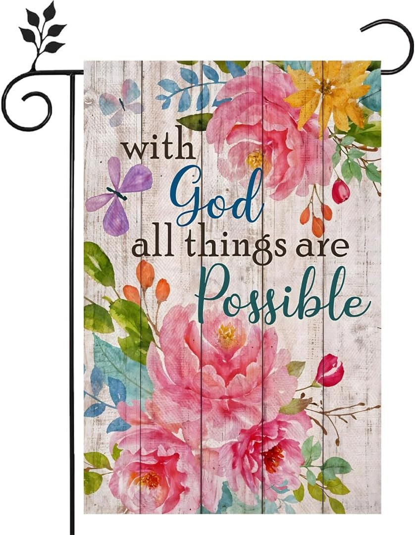 With God All Things are Possible Hello Spring Flowers Garden Flag 12x18 Inch Double Sided for Outside Home Small Burlap Plaid Yard Welcome Flag Decoration