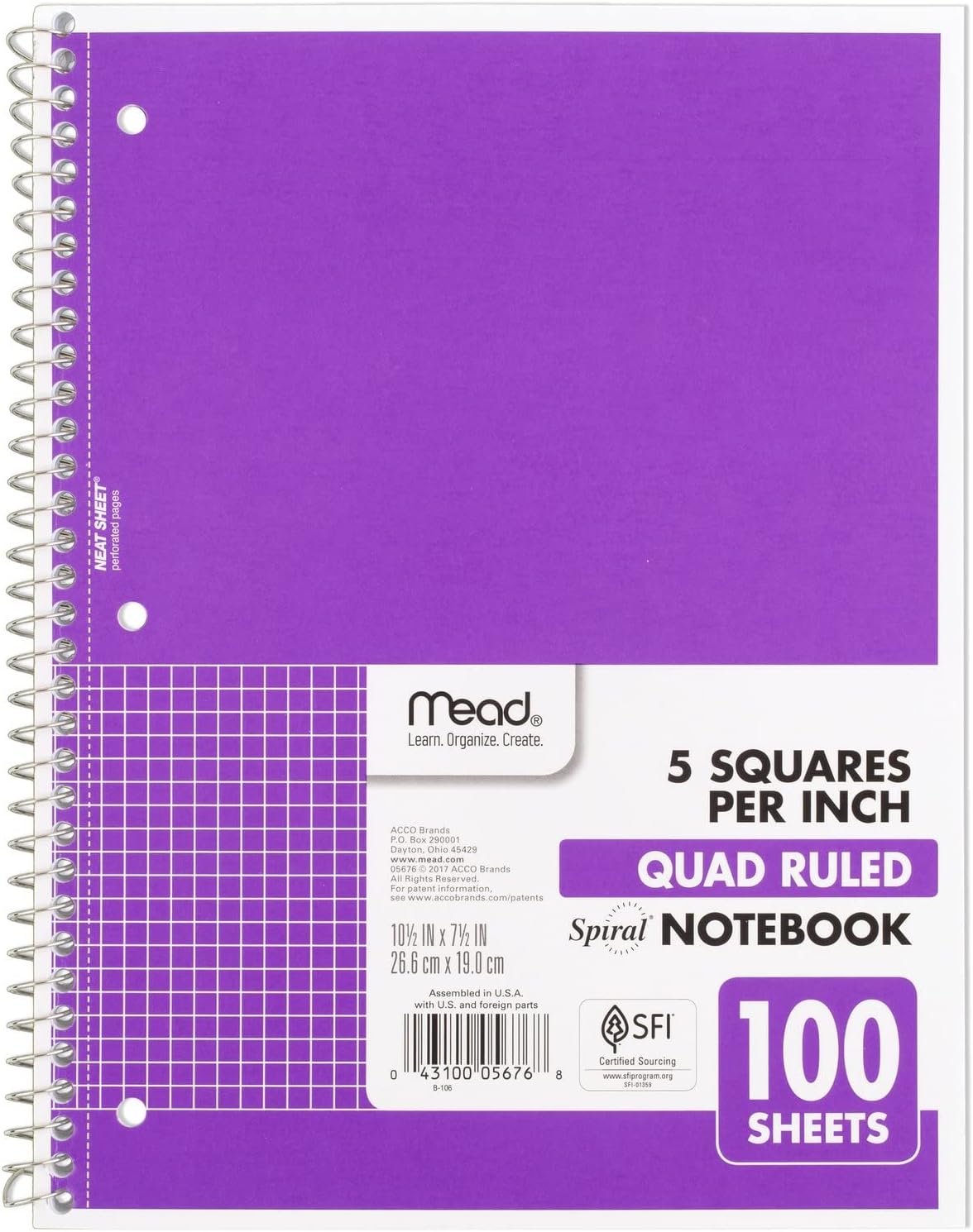 Mead Spiral Notebook, 1 Subject, Graph Ruled Paper, 7-1/2" x 10-1/2", 100 Sheets, Amethyst Purple (05676BA7)