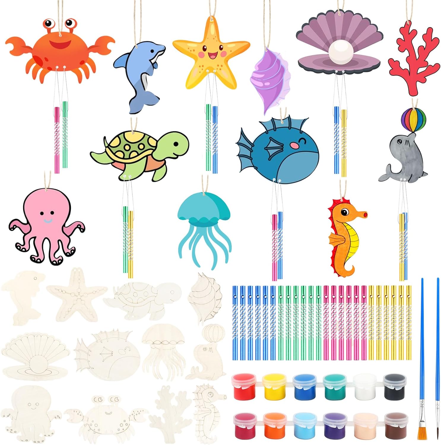 Larber 24pcs Wooden Sea Ornaments Unfinished Wood Ocean Animals with Wind Chime and Acrylic Paint Strips DIY Wood Sea Animal Patterns for Crafts Summer Home Hanging Art Activity Party Decoration