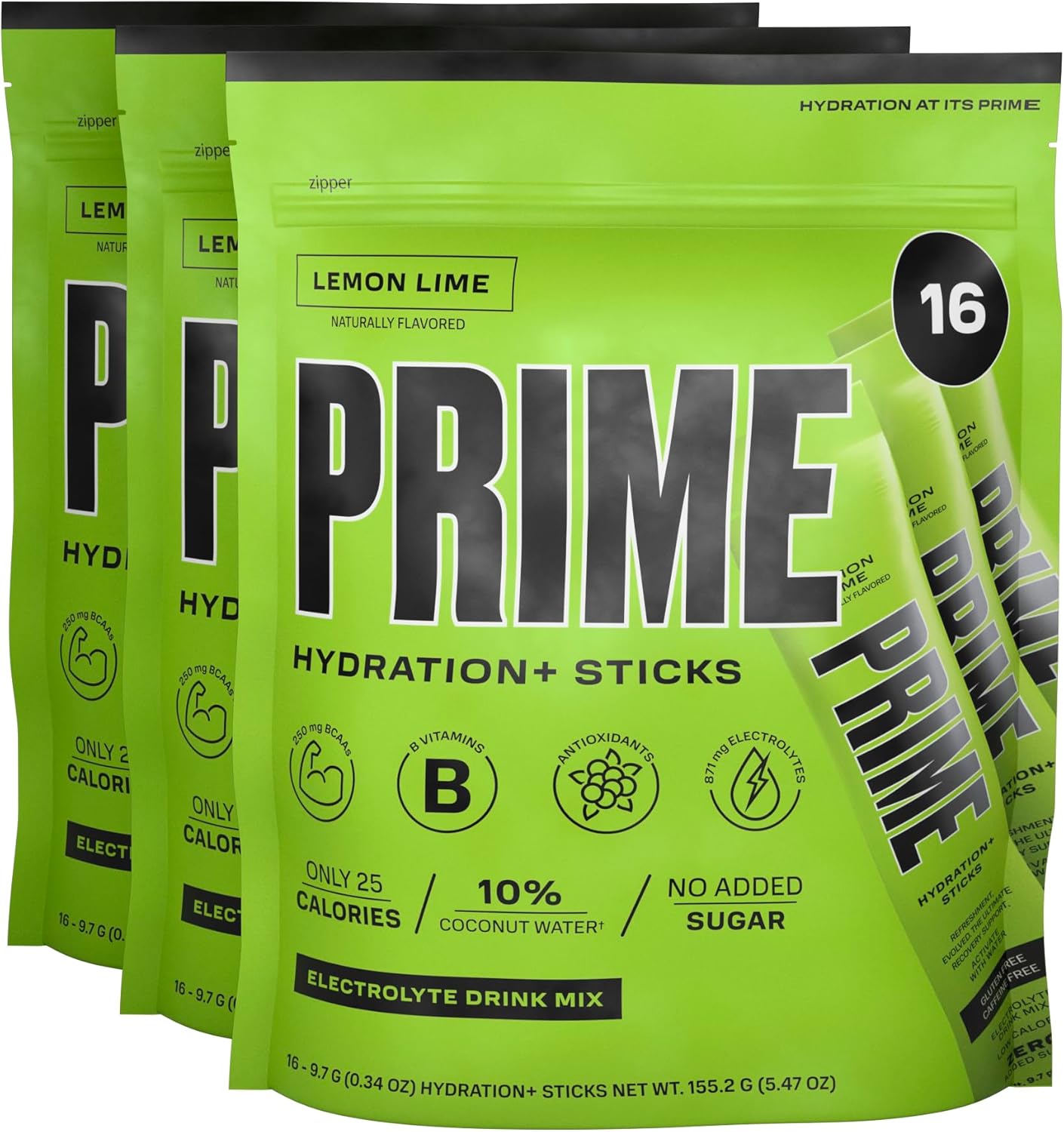 PRIME HYDRATION+ Sticks Lemon Lime | Hydration Powder Single Serve Sticks | Electrolyte Powder On The Go | Low Sugar | Caffeine-Free | Vegan | 48 Sticks