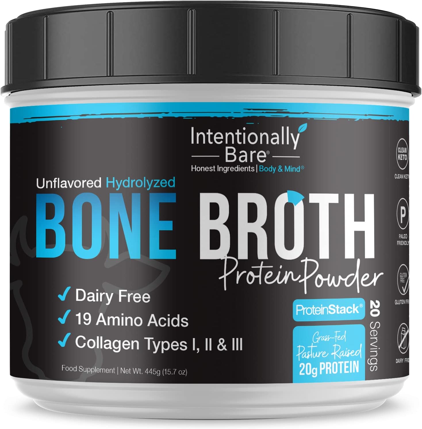 Intentionally Bare Bone Broth Collagen Peptides Powder Unflavored - Dairy Free Collagen Peptide Powder Type 1 & 3 - Pasture Raised & Grass Fed Collagen Protein Powder for Gut & Joints - 20 Servings