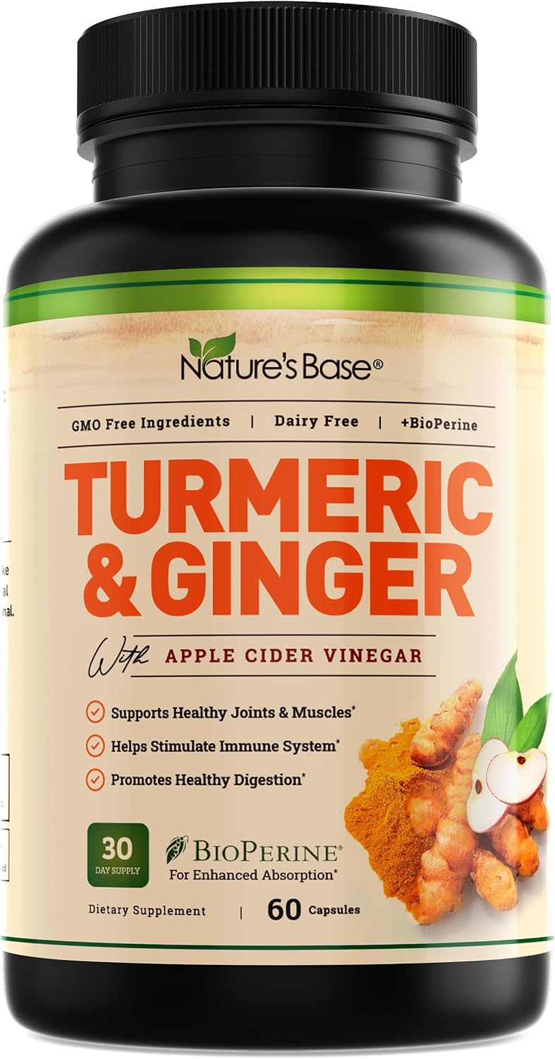 Turmeric and Ginger Supplement - Tumeric Curcumin Joint Support Pills - with Apple Cider Vinegar & BioPerine Black Pepper - 95% Curcuminoids - 60 Capsules