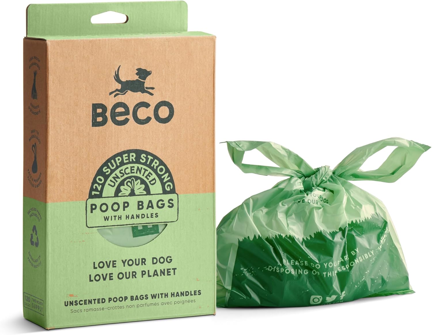 Beco Dog Poo Bags - Strong & Large Poop Bags - 120 Count, Tie Handles, Loose Packed, Unscented for Dog Waste