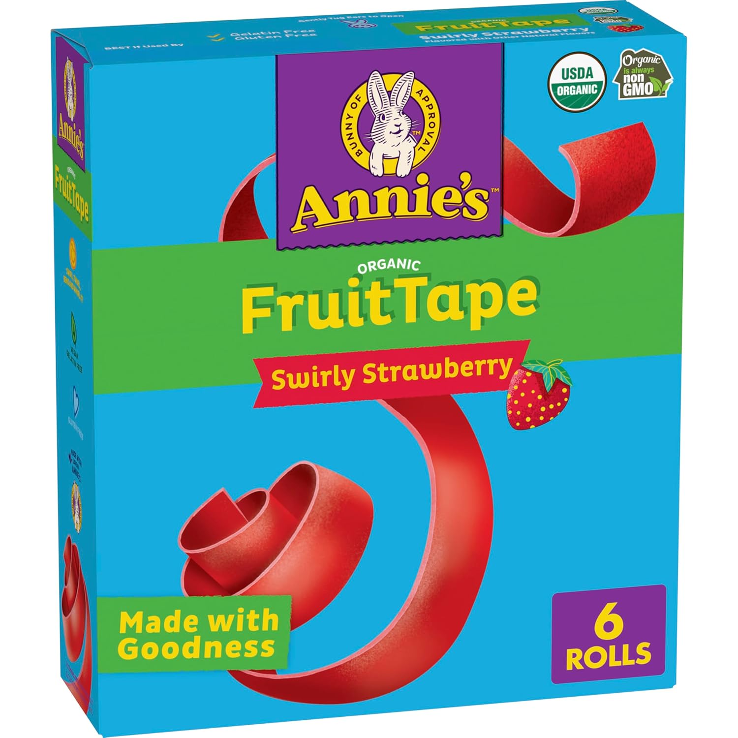 Annie's Organic Fruit Tape, Swirly Strawberry, Non-GMO and Organic Fruit Flavored Snacks, 6 Rolls, 4.5 oz