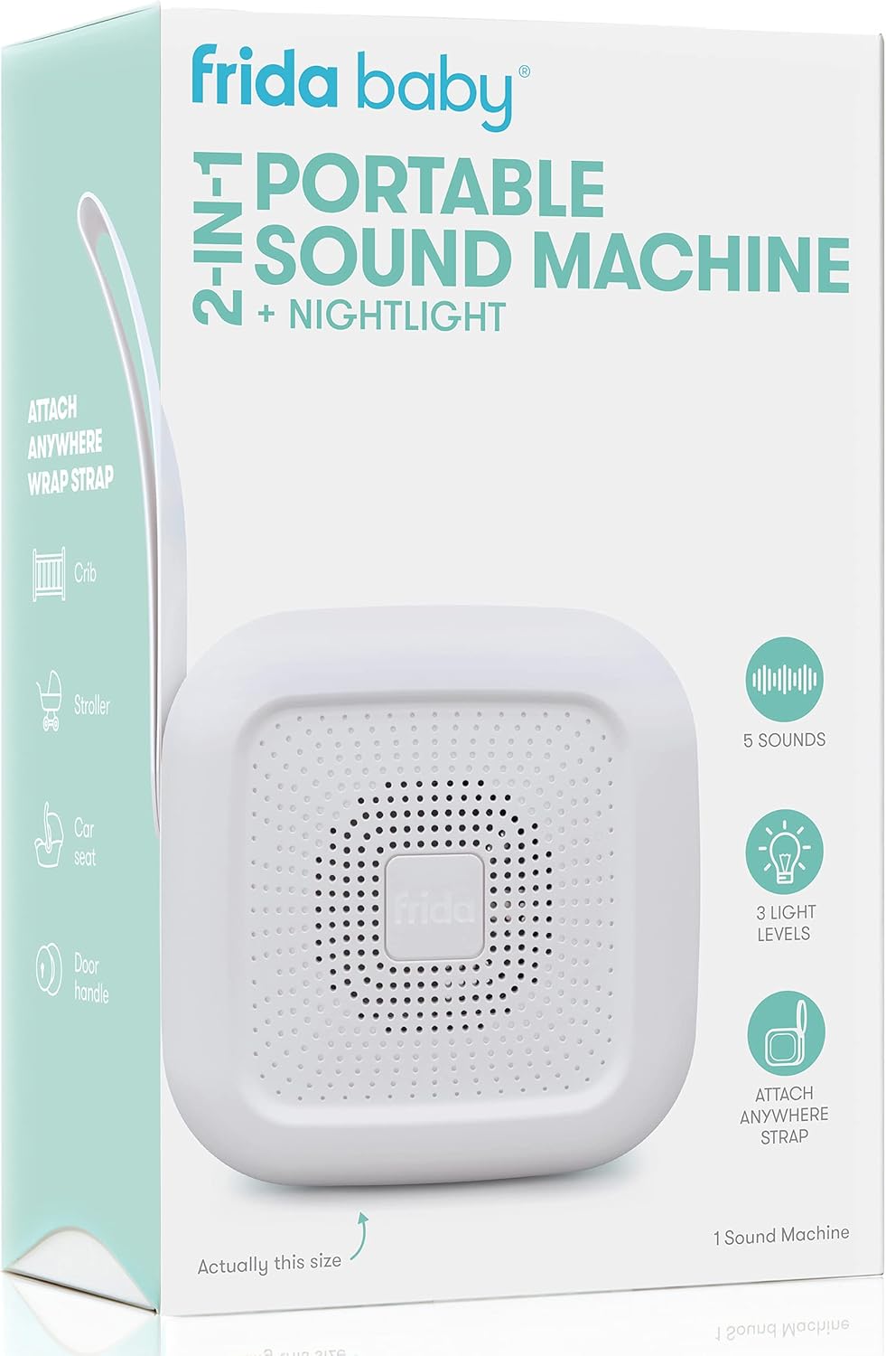 Frida Baby 2-in-1 Portable Sound Machine, White Noise Sound Machine for Baby + Night Light with 5 Soothing Sounds & 3 Nightlight Model, Travel Sound Machine Attaches to Buggies, Car Seats and Cots
