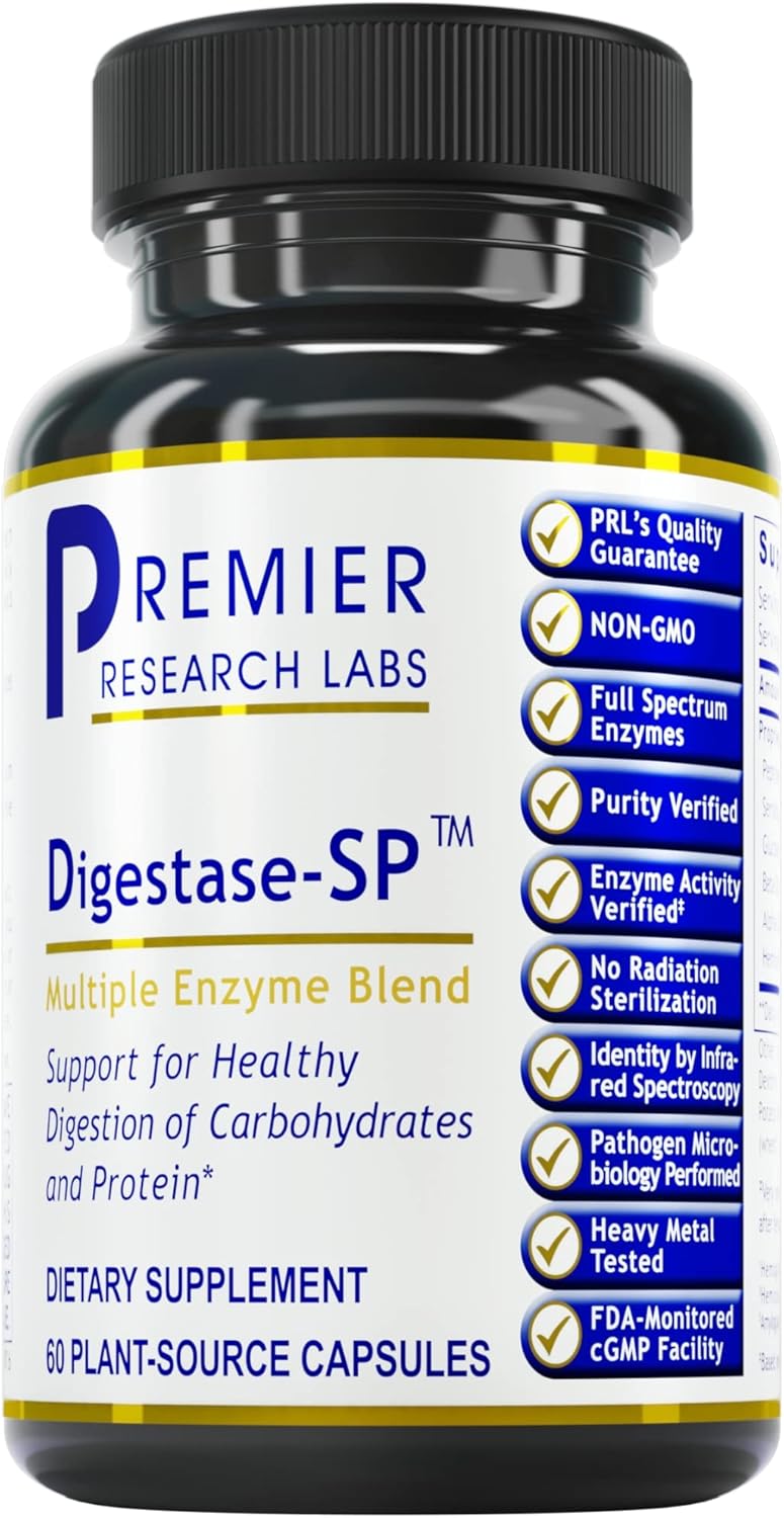 Premier Research Labs Digestase-SP - 6 Enzymes for Digestion - Supports Digestion of Carbohydrates & Protein - for Occasional Intestinal Gas or Bloating Relief - 60 Plant-Source Capsules