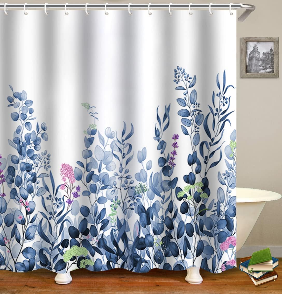WELTRXE Shower Curtains, Bathroom Shower Curtain with 12 Hooks, Waterproof Polyester Fabric Bathtub Curtain, Weighted Hem, Quick Dry, Mildew & Mold Resistant, Home Decor, 183x183cm, Blue Eucalyptus