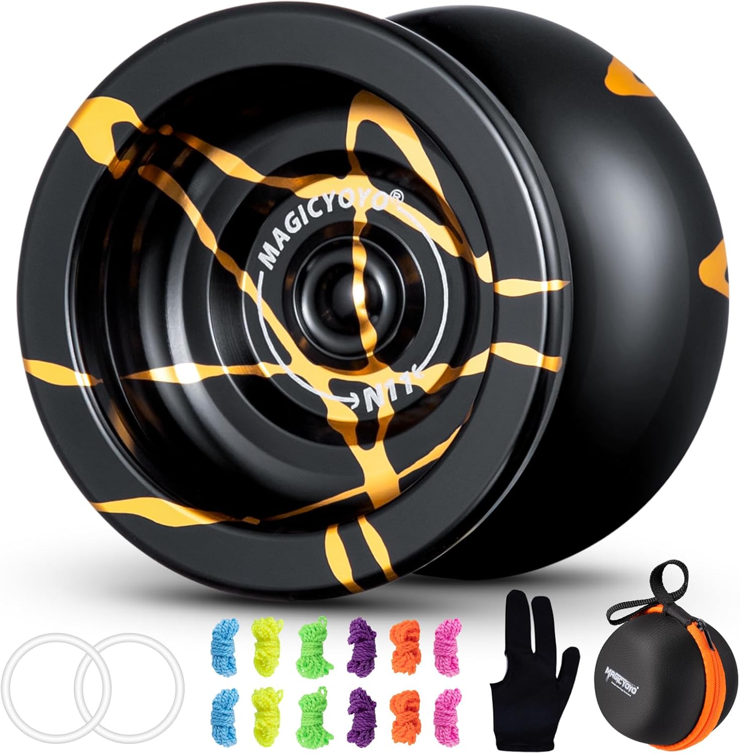 YOSTAR N11 Professional Yoyo for Adults, Pro Unresponsive Yoyo for Boys, Stunt Trick Yo Yo for All Skills, Metal Yo-yo Toy with 12 Strings, 2 Weighting Rings, Glove, Case (Black Gold)
