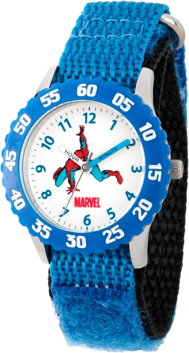 Marvel Spider-Man Kids' Bezel Stainless Steel Time Teacher Analog Quartz Nylon Strap Watch