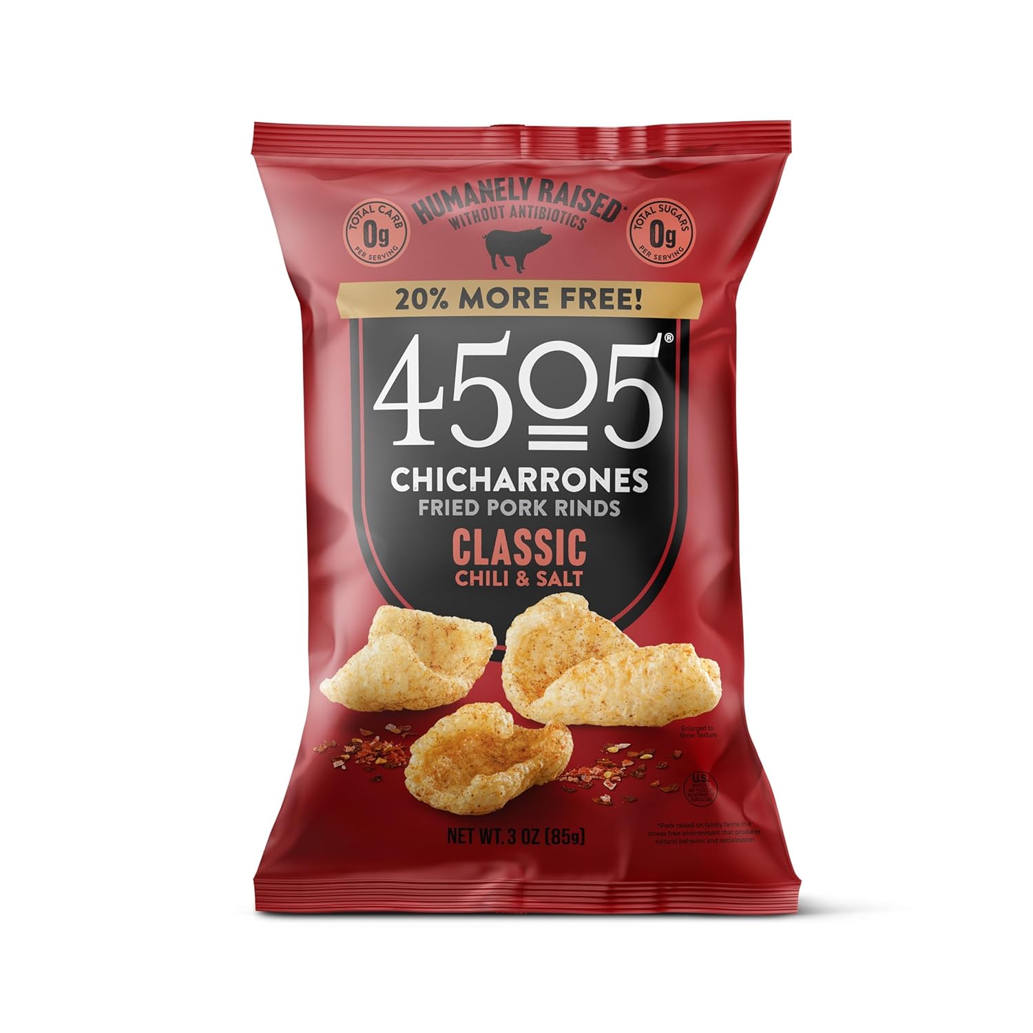4505 Classic Seasoned Chicharrones, Fried Pork Rinds - Classic Chili & Salt Flavored Pork Skins - Low Carb, Gluten-Free, Protein Snack - 3oz