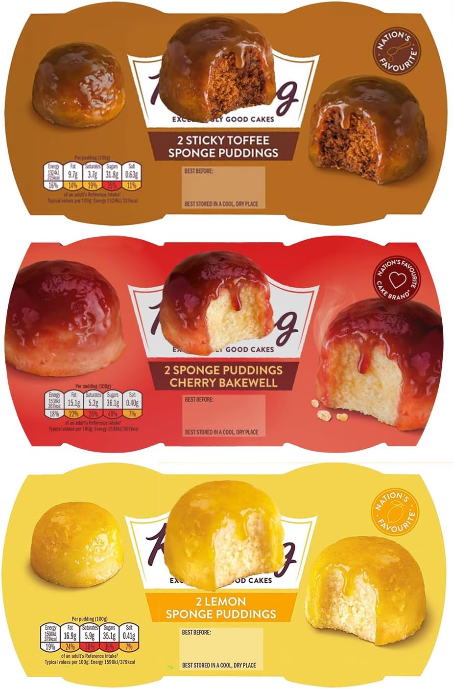 Sponge Pudding Bundle with Sticky Toffee, Cherry Bakewell and Lemon Sponge Puddings (3 Twin Packs of 2 x 95g)
