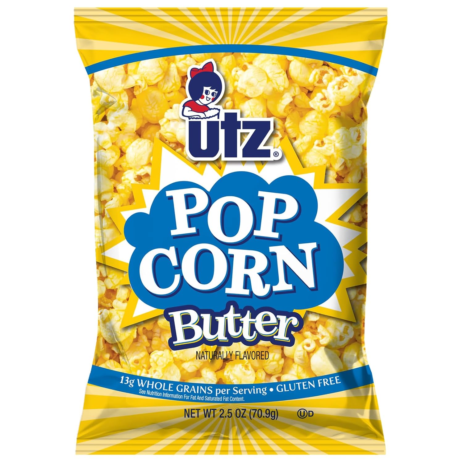 Utz Butter Popcorn, 14 ct, 2.5 oz. Bags - Naturally Flavored, Gluten-Free, 13g Whole Grains Per Serving, Light & Crunchy Snack, Perfect for On-the-Go or Movie Night