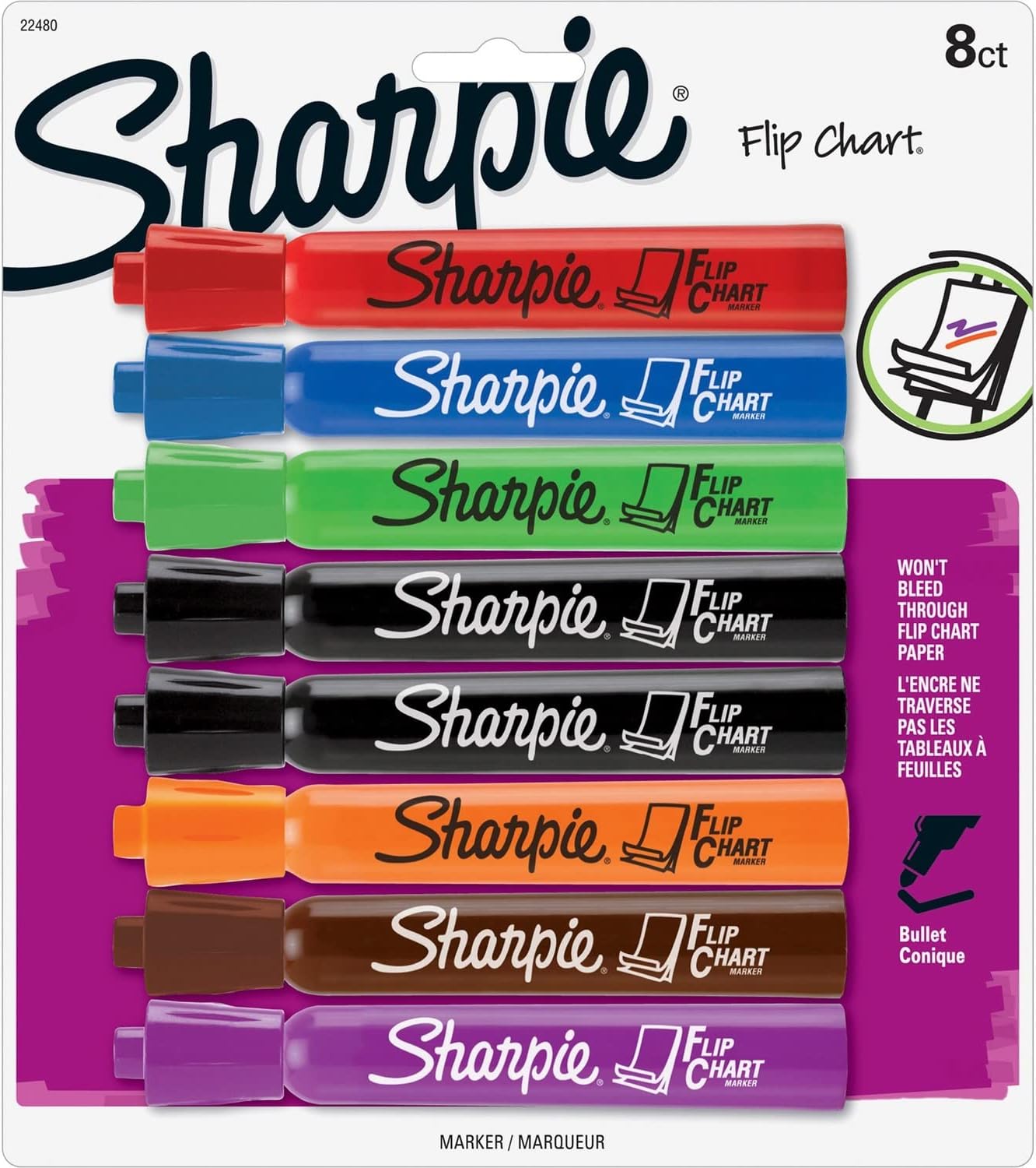 Sharpie Flip Chart Markers, Bullet Tip, Assorted Colors, 8 Count - Low-Odor, Squeak-Free, Home, Office, Back to School, Teacher Supplies