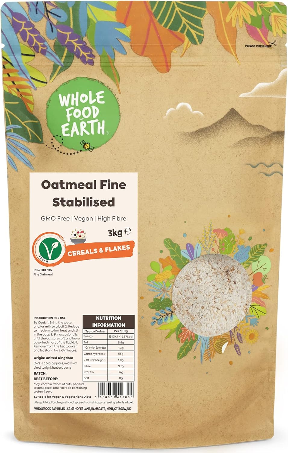 Wholefood Earth Oatmeal Fine Stabilised 3 kg | GMO Free | High Fibre