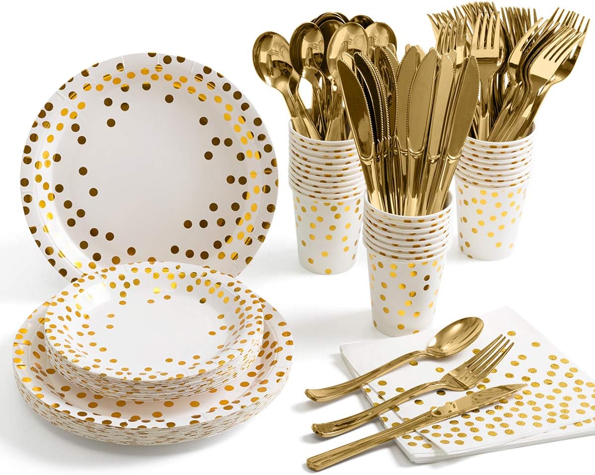 HOMIX 175 Piece Gold Party Supplies Set Serves 25 - Gold Paper Plates Napkins Cups with Gold Plastic Silverware Sets for Wedding Bridal Shower Baby Shower Holiday Parties