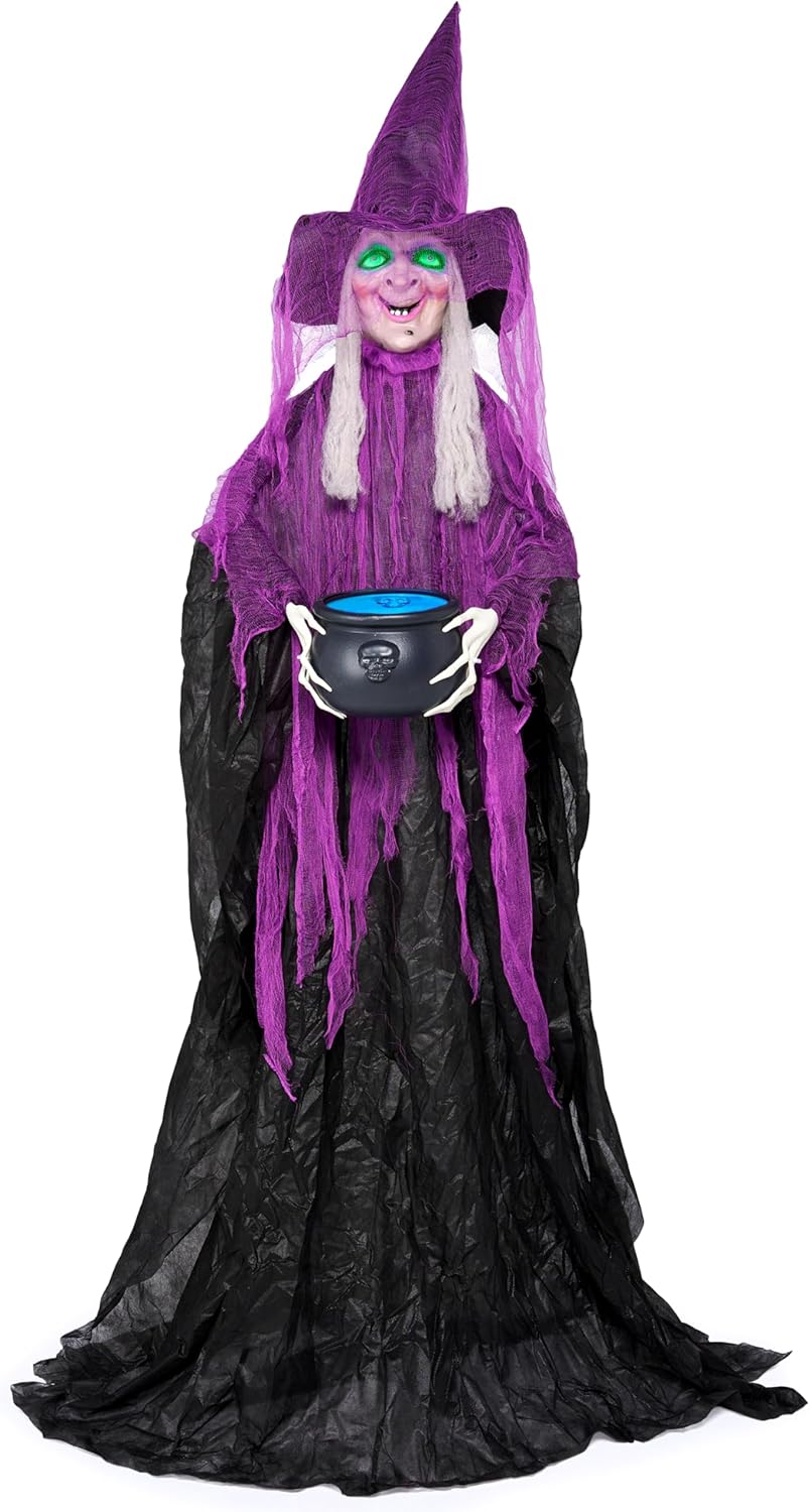 JOYIN 72” Halloween Decorations Standing Witch with Cauldron, Scary Ghost Decor with Sound and Lights, Sound-Activated for Haunted House Yard Lawn Garden