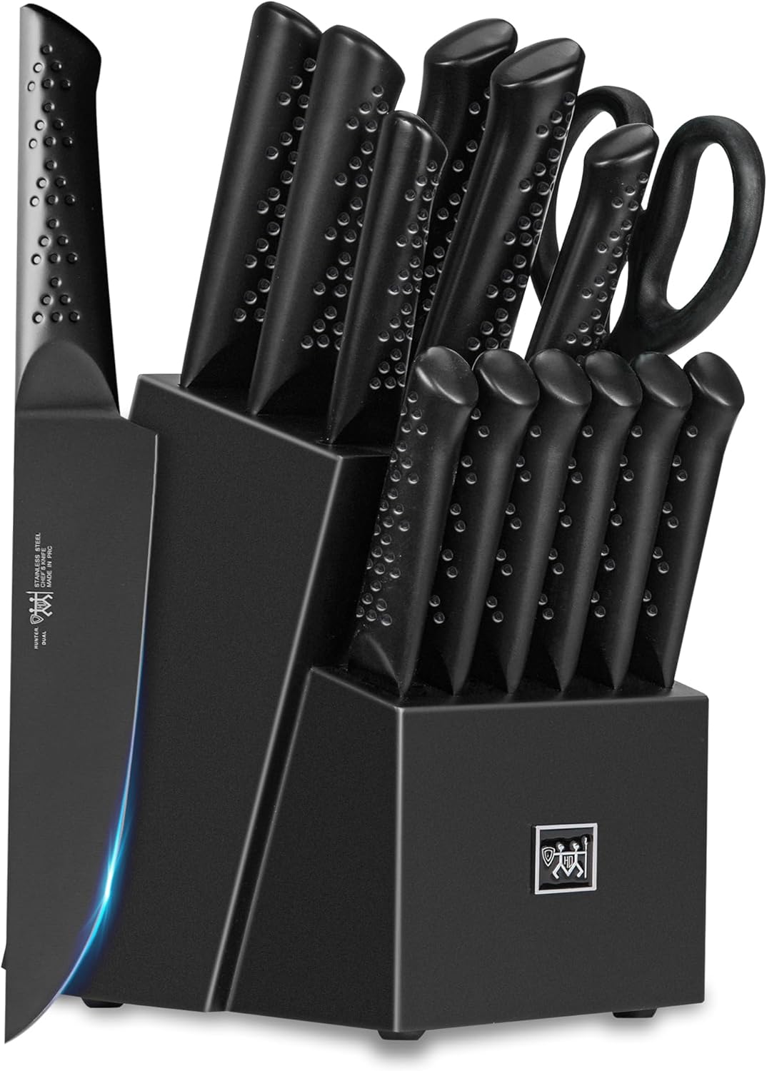 Knife Sets for Kitchen with Block, 15 Piece Knife Set with Built-in Sharpener, Dishwasher Safe, German Stainless Steel, Black