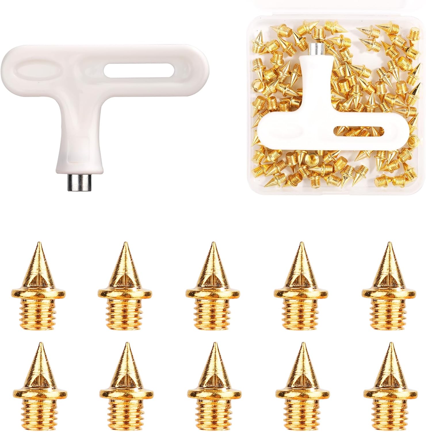100pcs Running Spikes, 0.25in Stainless Steel Athletics Spikes for Track Shoes with 1pcs Spike Wrench Track Cricket Spikes Sports Replacement Supplies for Cross Country(Gold)
