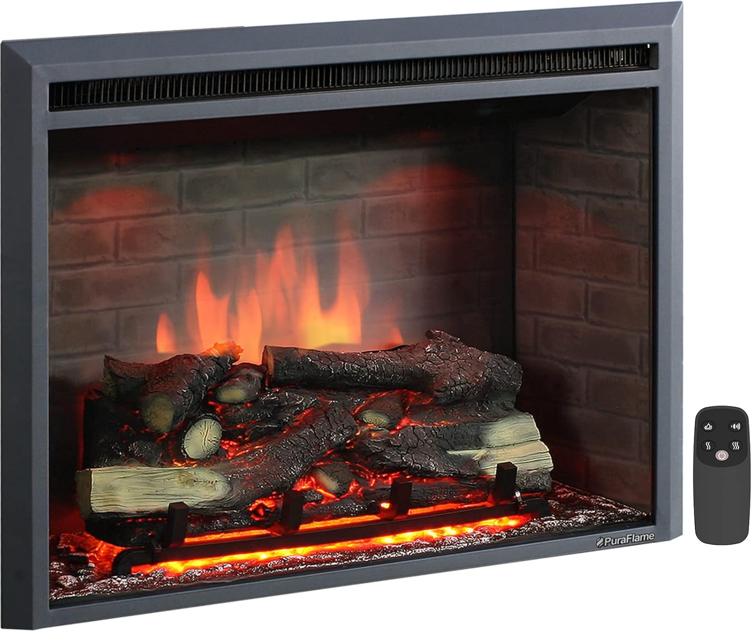 PuraFlame Western Electric Fireplace Insert with Fire Crackling Sound, Remote Control, 750/1500W, Black, 33 1/16 Inches Wide, 25 9/16 Inches High