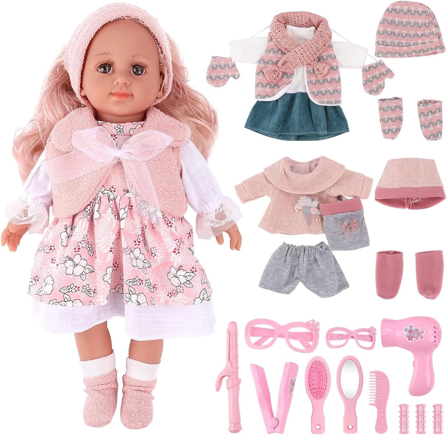 deAO Baby Dolls for Girls, Dress-Up Doll, 3 Set Dolls Clothes and Doll Accessories, Dolls for 3 4 5 6 7 8 Years Old Girls Toddler Kids, Dolls for Girls Christmas, Birthdays (PINK)