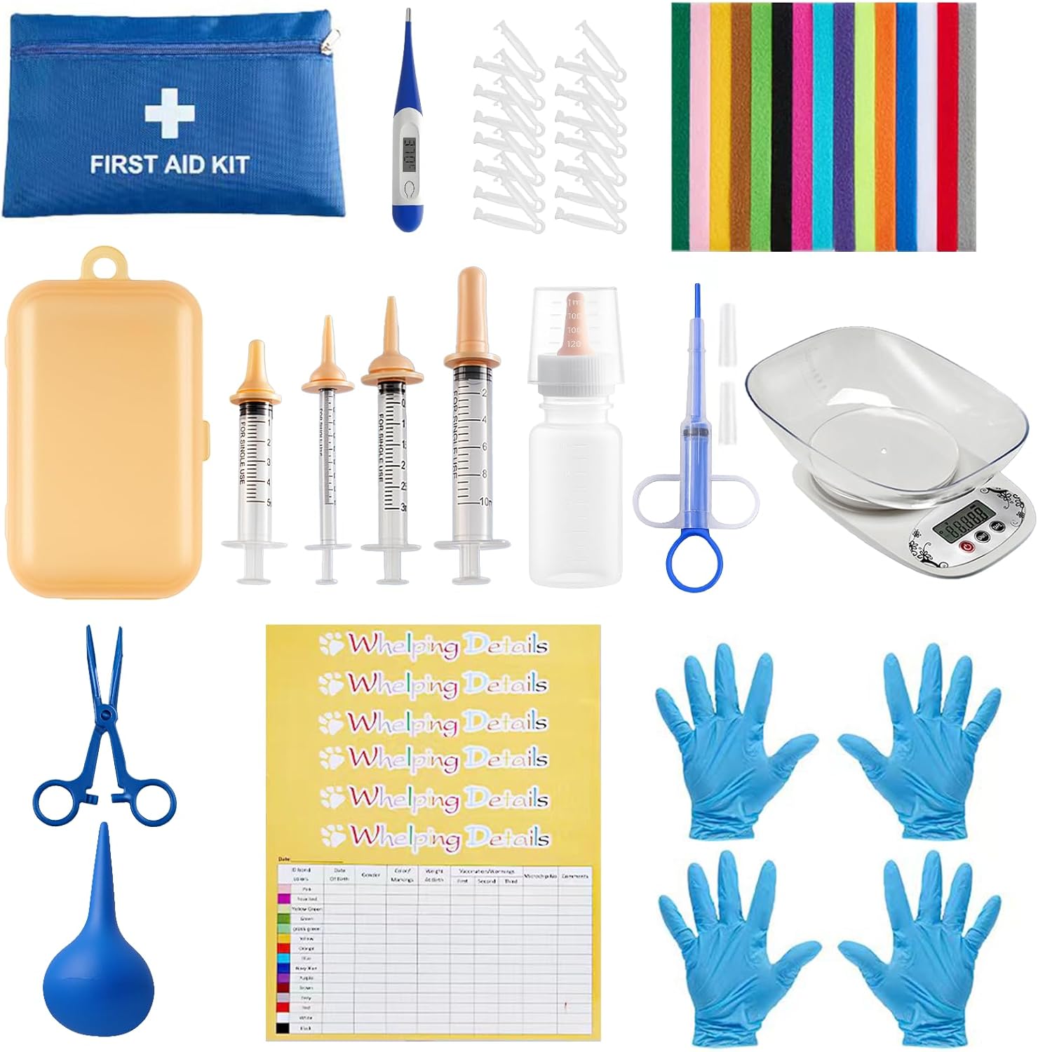 52pcs Puppy Whelping Supplies,Whelping kit,Puppies Birth,Kitten Dog Supplies,Puppy kit,Bottle Feeding kit for Newborn Puppy, Puppy Whelping Collars,Tube,Cord Clamps,Gloves,Digital Thermometer Scale