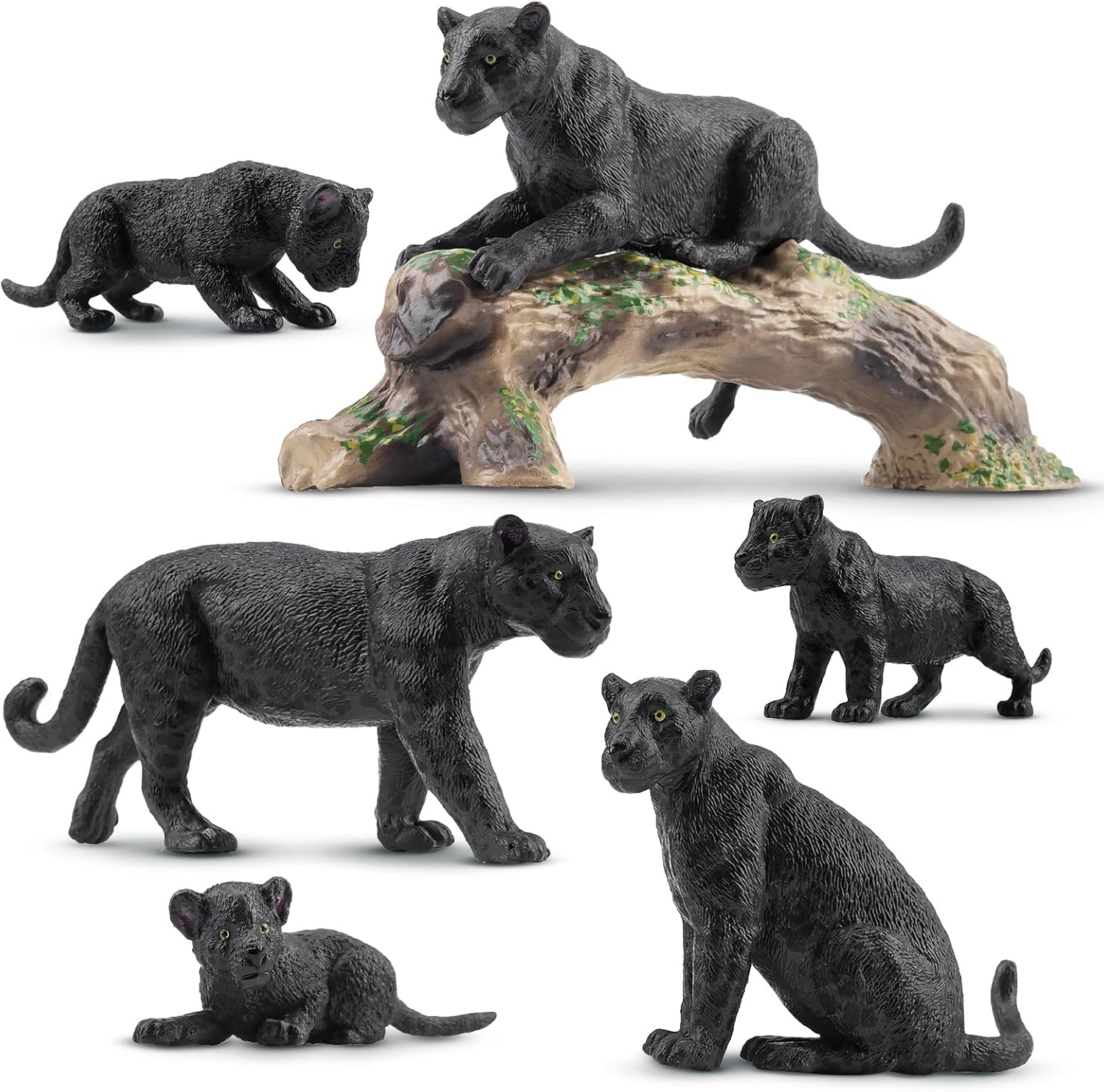 Toymany 7PCS Black Panthers Figurines with Panther Cub and Tree Trunk, Realistic Jungle Animals Figures Family Playset, Educational Toy Cake Toppers