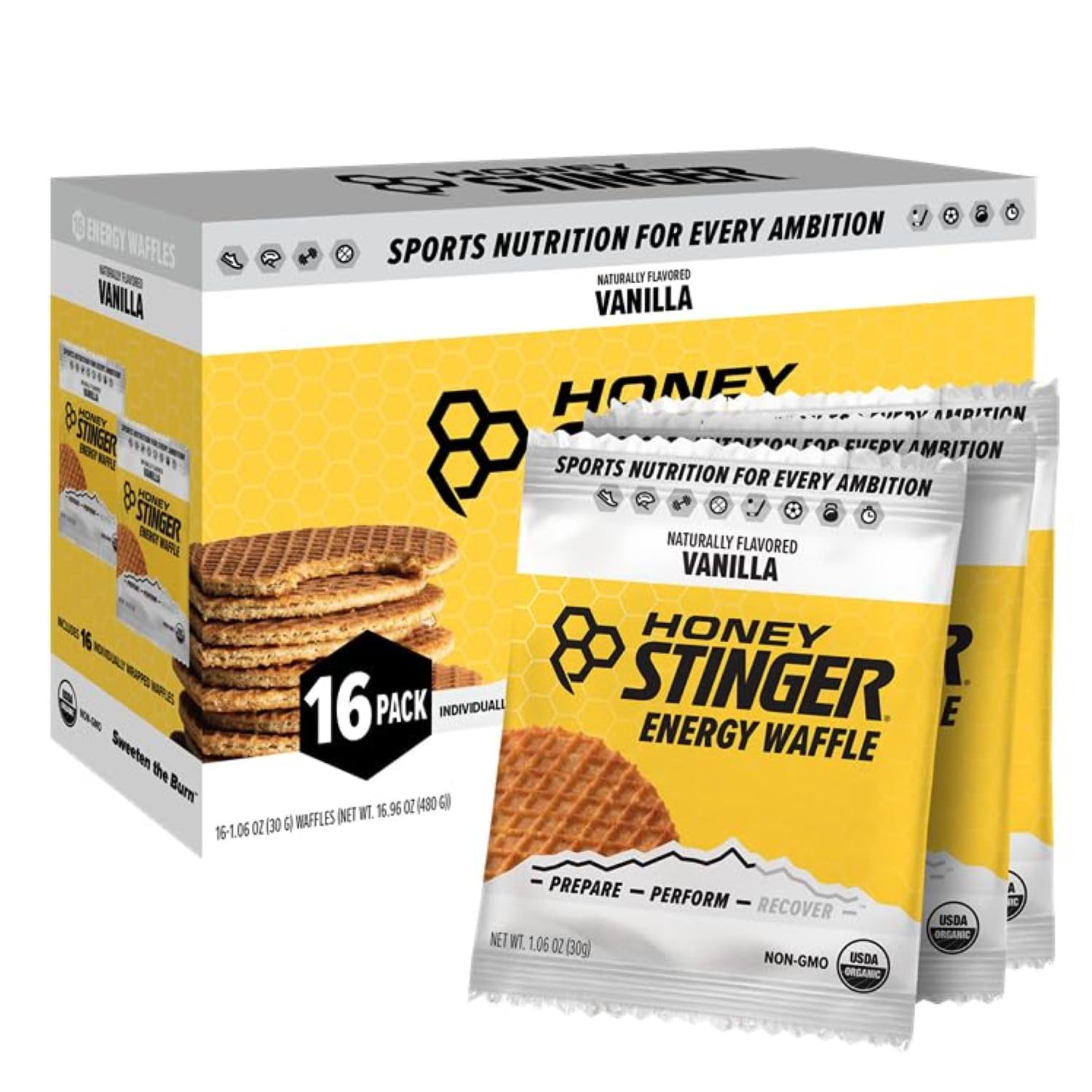 Honey Stinger Organic Vanilla Waffle, Energy Stroopwafel for Exercise, Endurance and Performance, Sports Nutrition for Home & Gym, Pre and Post Workout, Box of 16 Waffles, 16.96 Ounce