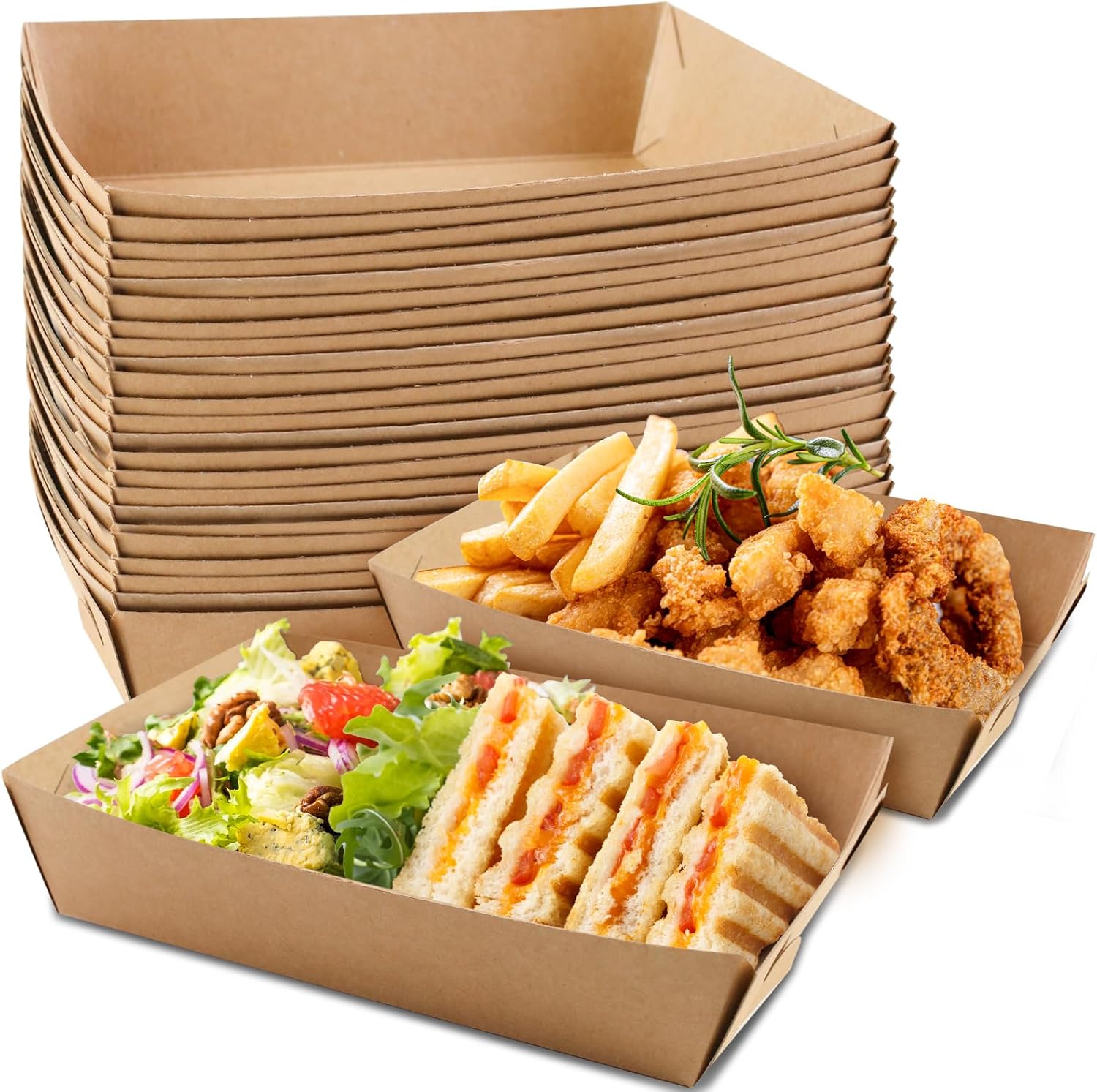 HAKACC Party Food Trays, 50 Pack Paper Plates, Take Away Food Boxes, Cardboard Serving Tray Water Oil Proof for Chips Burger BBQ Birthday Camping Party 18x13cm