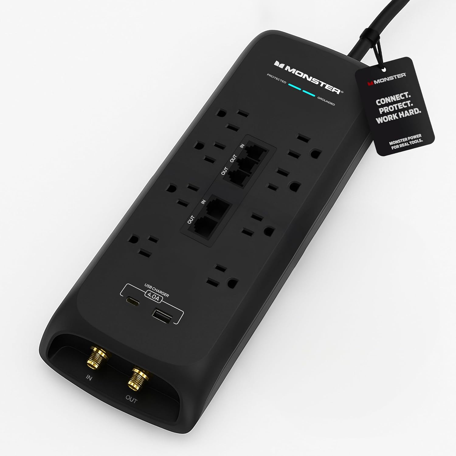 Monster Power Surge Protector w/ 4,050 Jules Rating — Heavy Duty Power Strips with Surge Protection, 8 Outlets, USB-A & USB-C, 2 Coax, 5 Ethernet Ports, Fireproof MOV, Dual Mode (6FT Cord, Black)