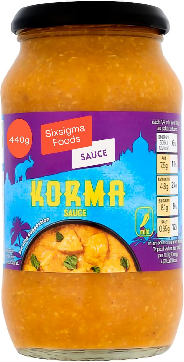 Sixsigma Foods Korma Sauce (6 x 440g) - Perfect for Chicken, Veggies or Meat Rich, Creamy & Mildly Spiced Curry Sauce Made with Yogurt, Coconut & Aromatic Spices (Case of 6)