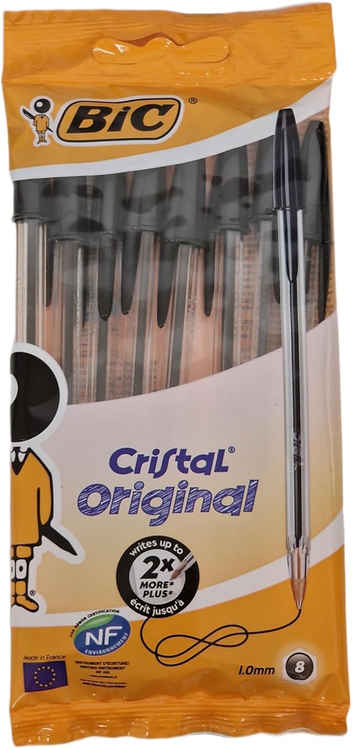 Bic Cristal Original Smudge Free Ballpoint Pens, Ideal for School, Black, Medium Point (1.0mm), Pack of 8