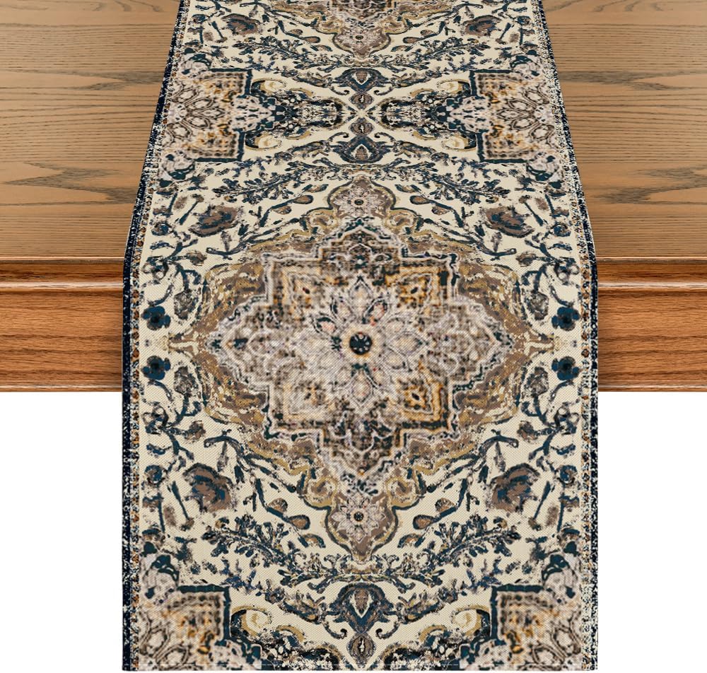 Artoid Mode Boho Bohemia Style Dark Blue Table Runner, Country Rustic Farmhouse Magical Halloween Kitchen Dining Table Decoration for Home Party Decor 13x72 Inch