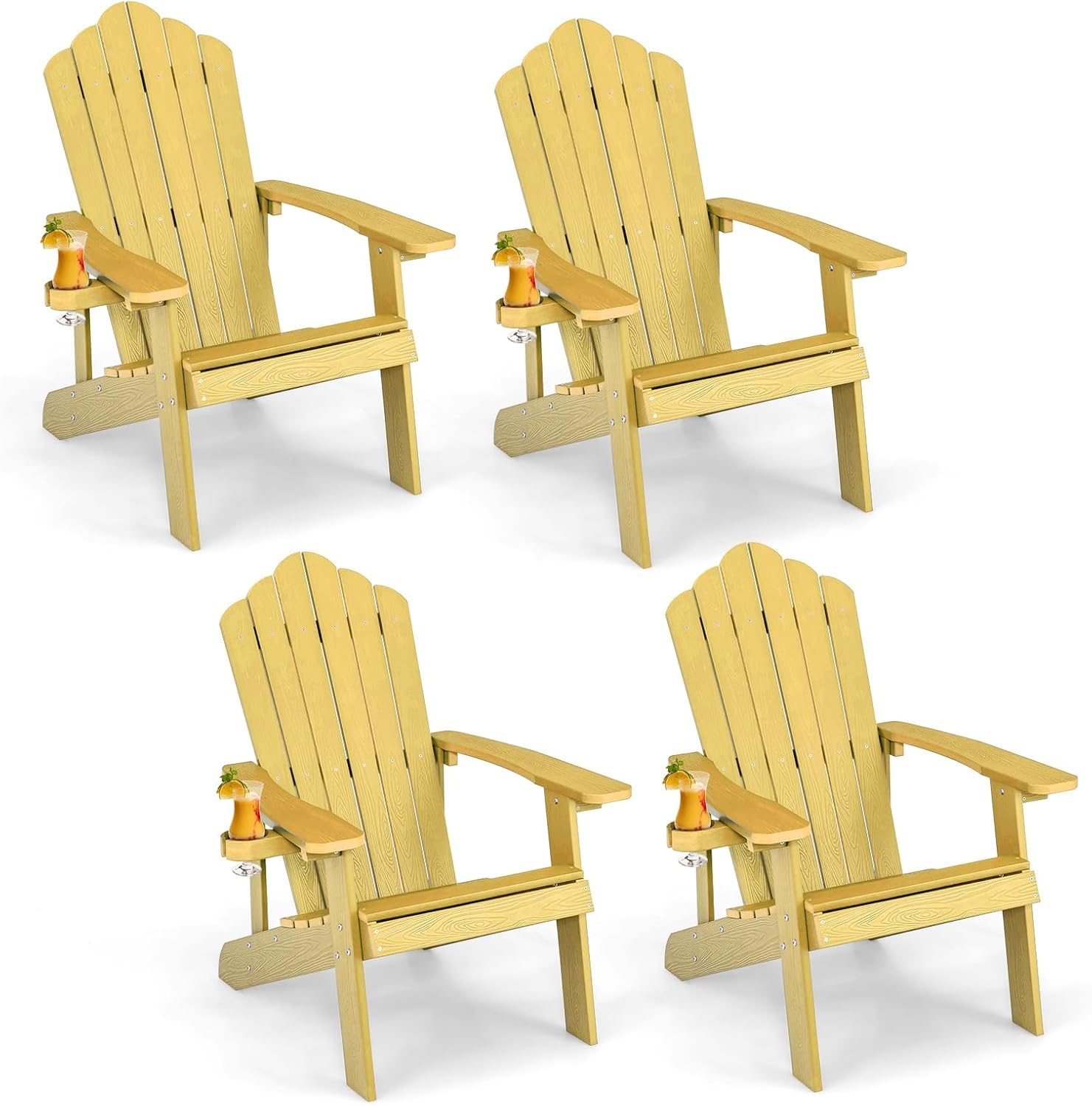 ORALNER Outdoor Adirondack Chair with Cup Holder, Plastic Resin Outdoor Deck Chair, 380 LBS Capacity, for Patio, Backyard, Porch, Balcony, Poolside, Garden, Lawn, Firepit (4, Yellow)
