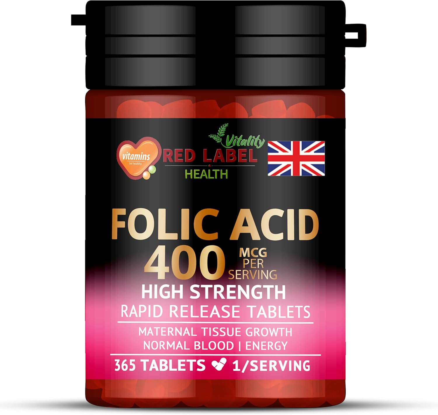 Red Label Health Folic Acid Tablets 400 mcg - 365 Vegan Vitamin B9 Tablets - 1 Year Supply - Pregnancy Care - Normal Function of Immune System & Maternal Tissue Growth During Pregnancy