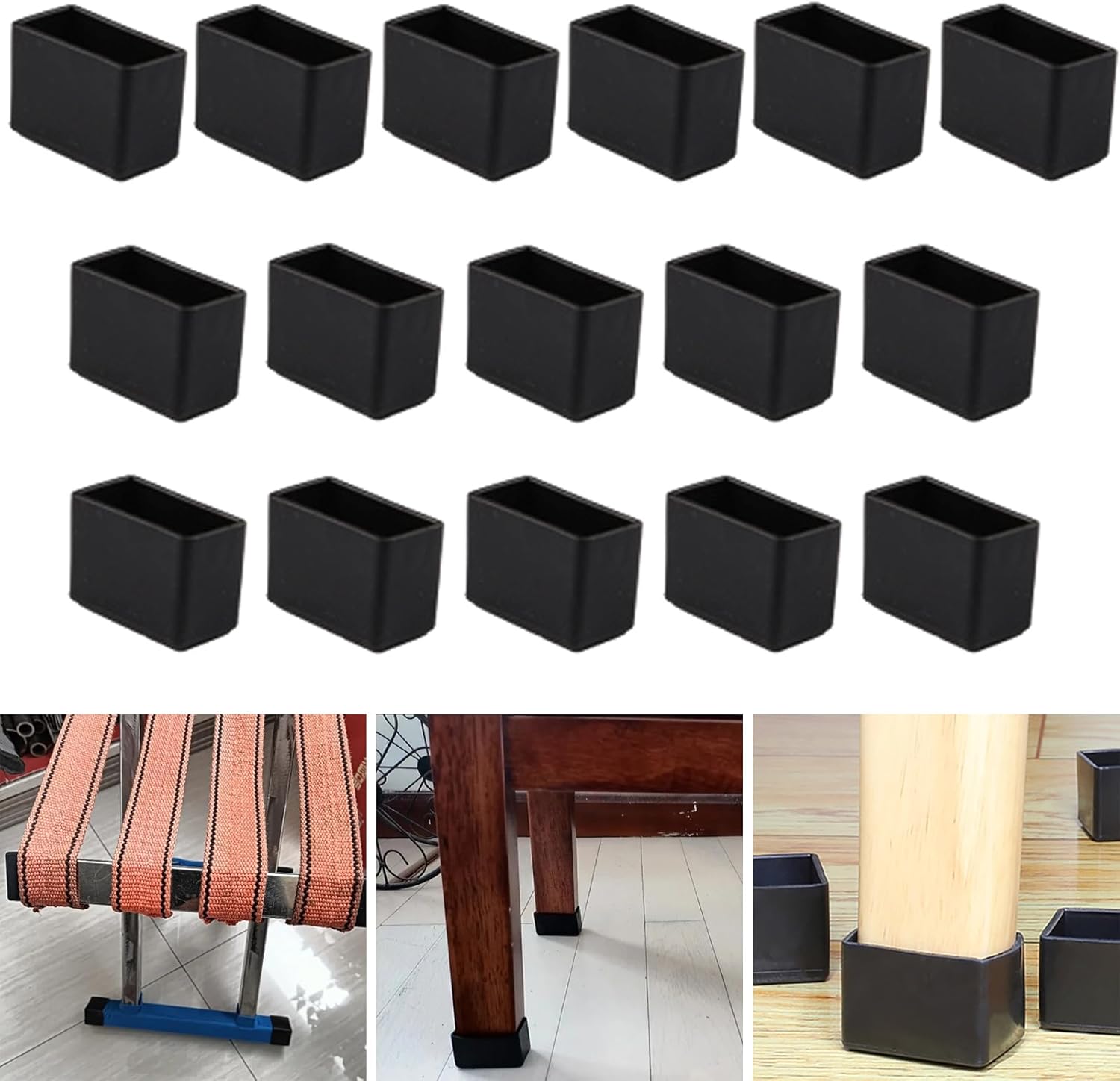 16Pcs Rectangle 15x30mm Silicone Chair Leg Floor Protector, Black Chair Leg Caps, Furniture Foot Protectors, Stool Leg caps to Prevent Hardwood Floor Scratches and Reduce Noise