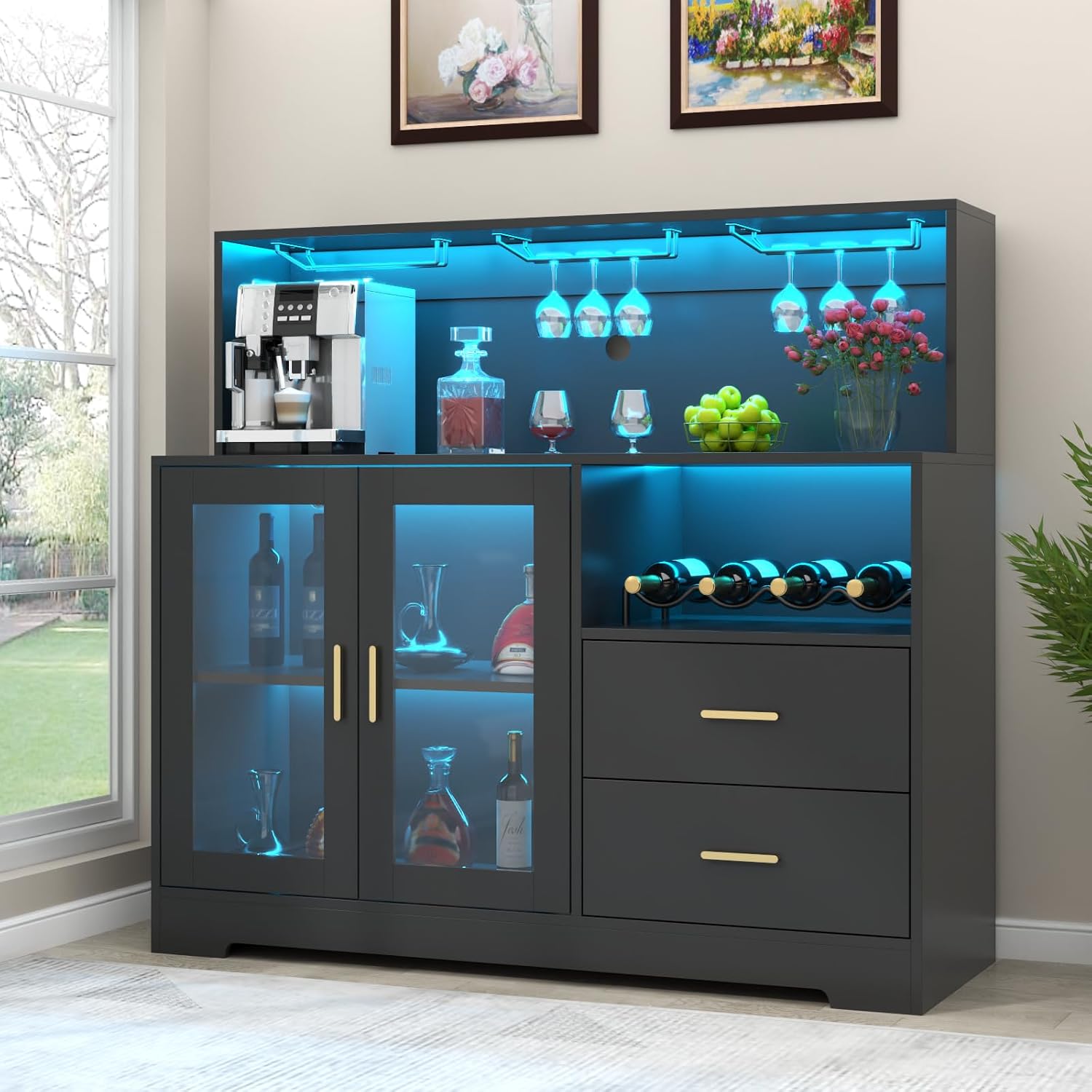 Wine Bar Cabinet with LED Light, Home Coffee Cabinet with Wine and Glass Rack, Kitchen Buffet Sideboard with Storage Cabinet&Drawers, Modern Liquor Cabinet for Living Room Dining Room (Black)