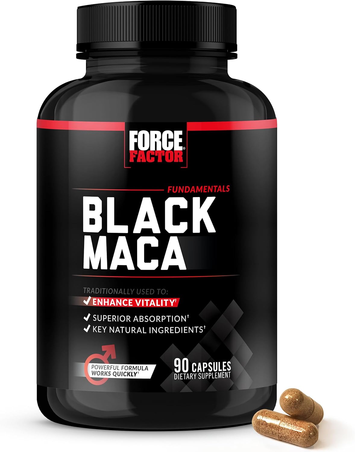 FORCE FACTOR Black Maca Root Supplement for Men, 1000mg Maca Negra Extract for Energy, Hormonal Balance & Vitality, Superior Absorption with BioPerine, 90 Capsules