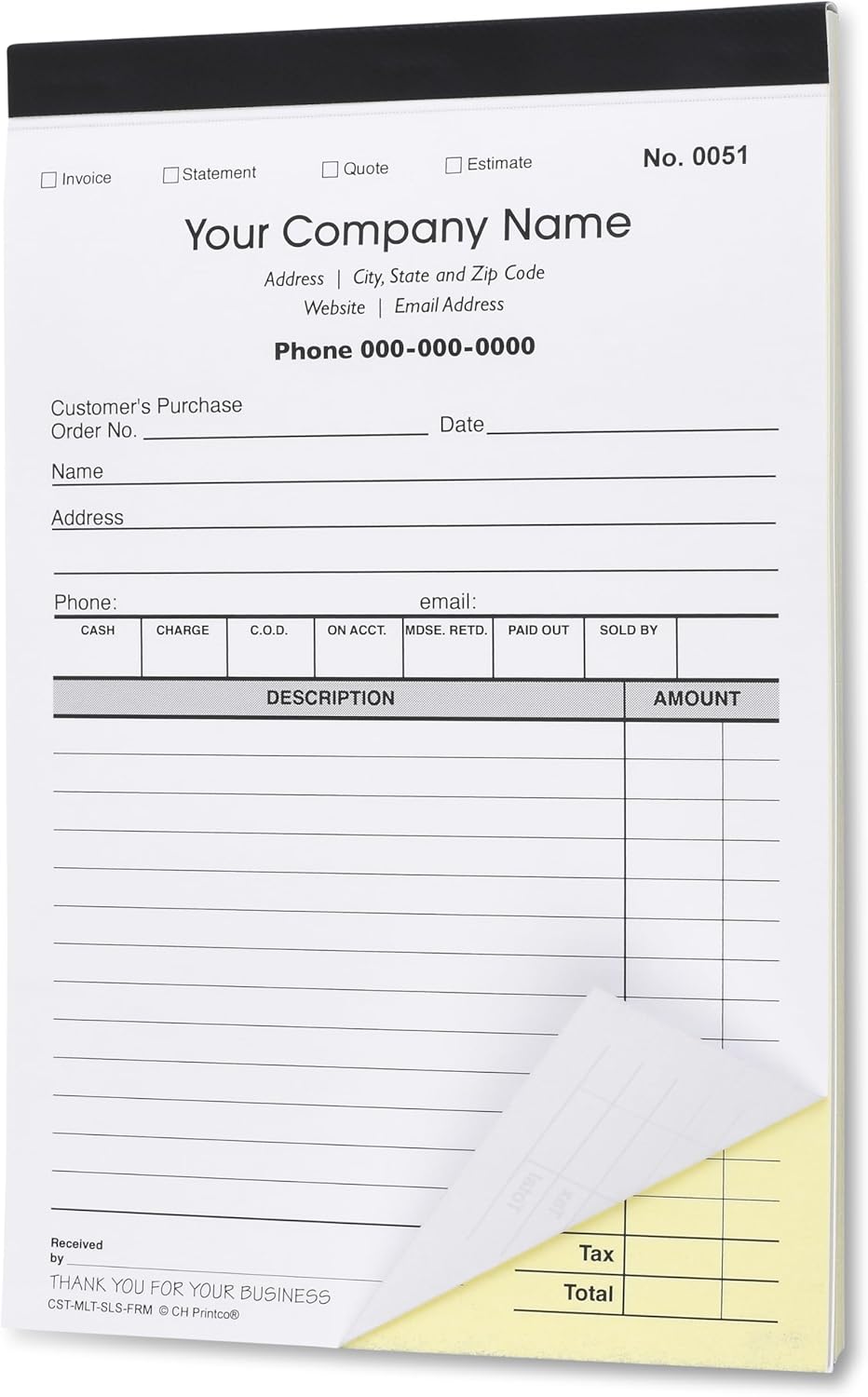 CH Printco Custom Sales, Invoice, Statement, Estimate, Quote, Personalized Multipurpose Duplicate Carbonless Form with Your Company Name - 2 Books (100 Sets) 5-1/2" Wide x 8-1/2" Tall.