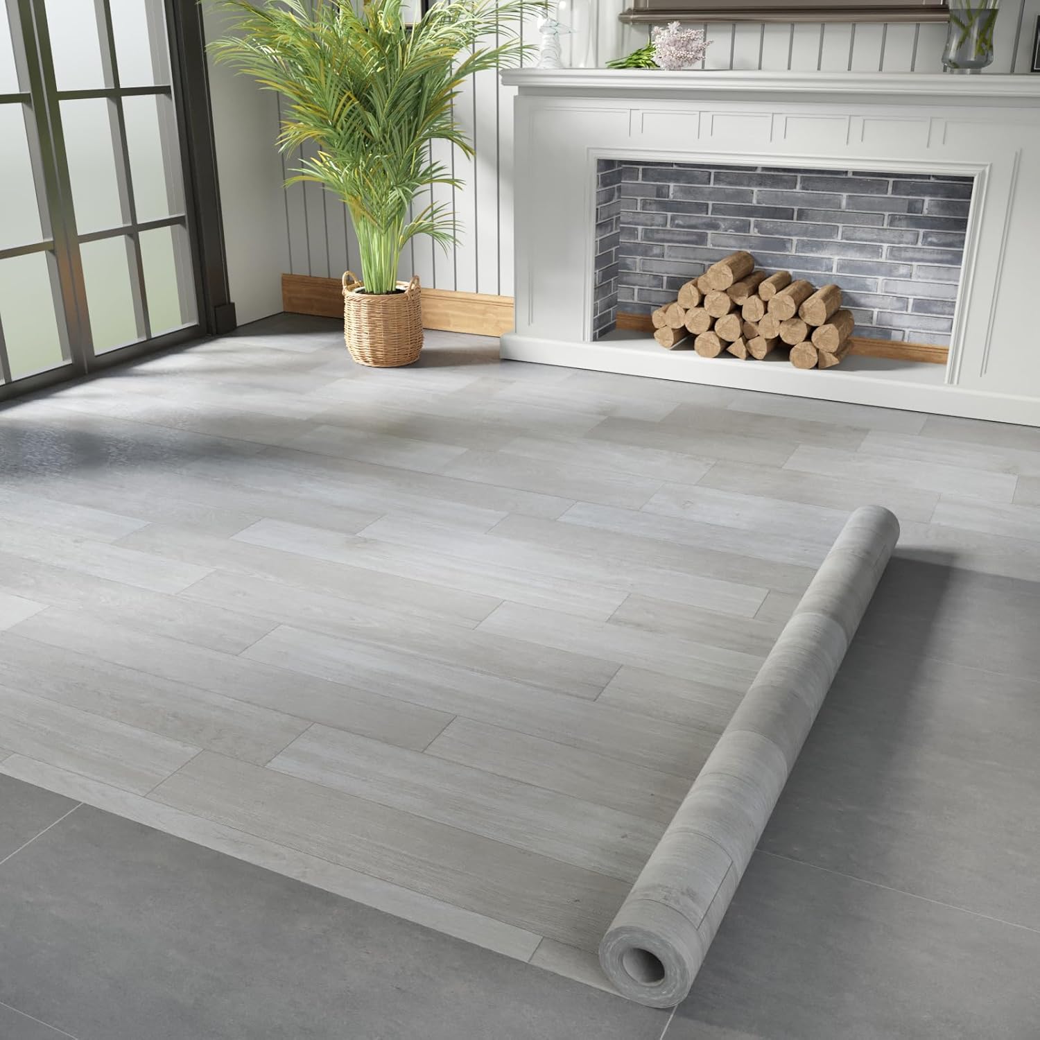Oxdigi Vinyl Flooring Roll 32 sq.ft | 3'4"W x 9'10"L, PVC Leather-Like Linoleum Floor Covering, Waterproof Durable Heavy Vinyl, Easy to Install with Tape, Removable- No Adhesive Backing, Grey Oak