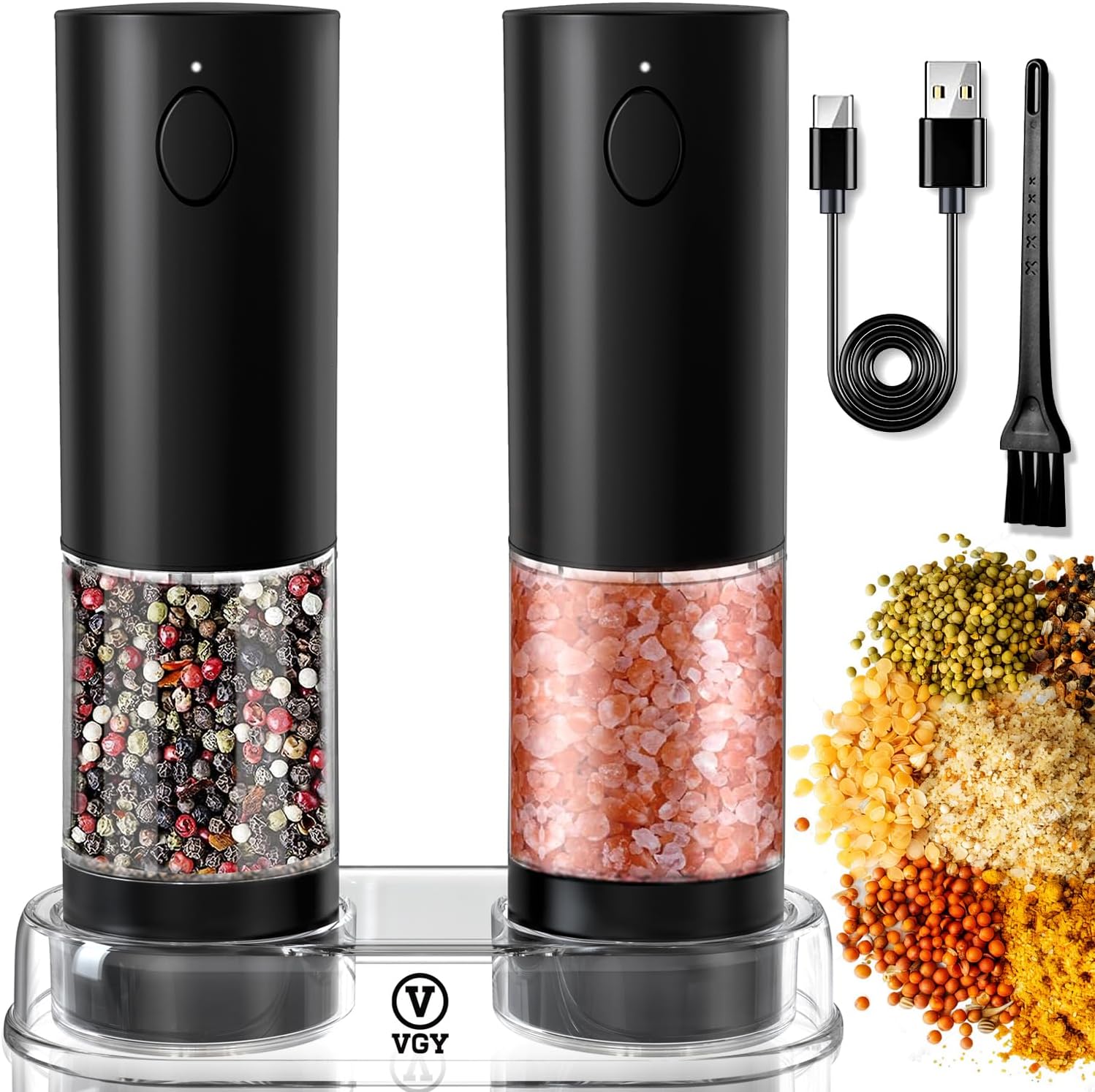 Electric Salt and Pepper Grinder Set Rechargeable, 2 Pack Automatic One-Handed Operation Pepper Mills, 5 Adjustable Coarseness Levels, LED Light, Washable 95ml-Container, USB Charging