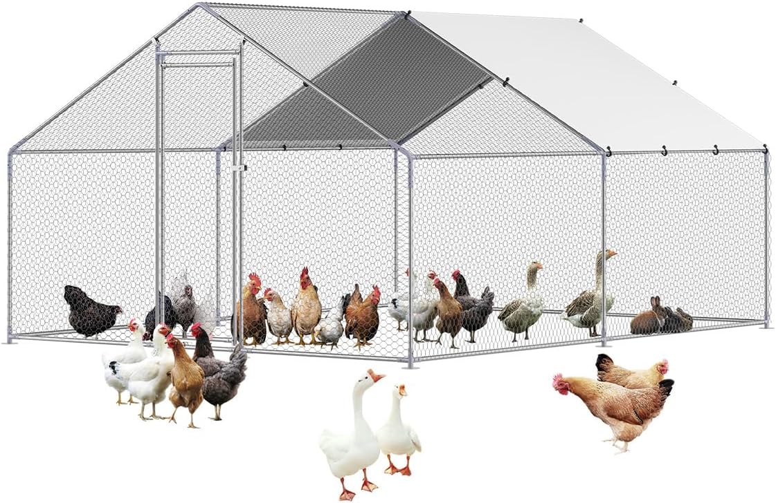 VEVOR Large Metal Chicken Coop, 9.8x13.1x6.5 ft Large Walk in Chicken Runs for Yard with Cover, Hen House Enclosure with Security Lock, Outdoor Duck Rabbit Cage Poultry Pen for Backyard, Farm, Yard
