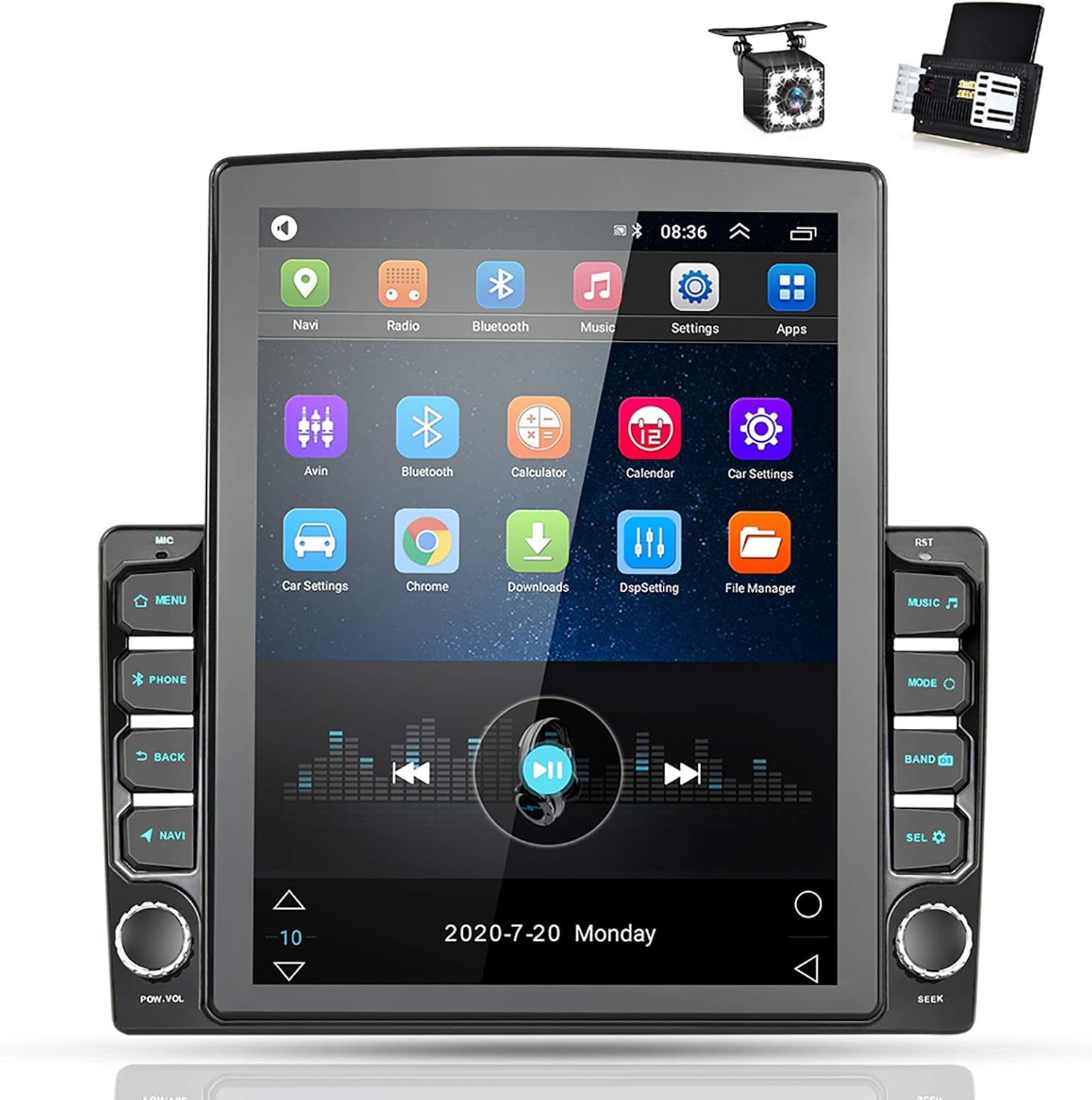 Android Double Din GPS Navigation Car Stereo, 9.7'' Vertical Touch Screen 2.5D Tempered Glass Mirror Bluetooth Car Radio with Backup Camera