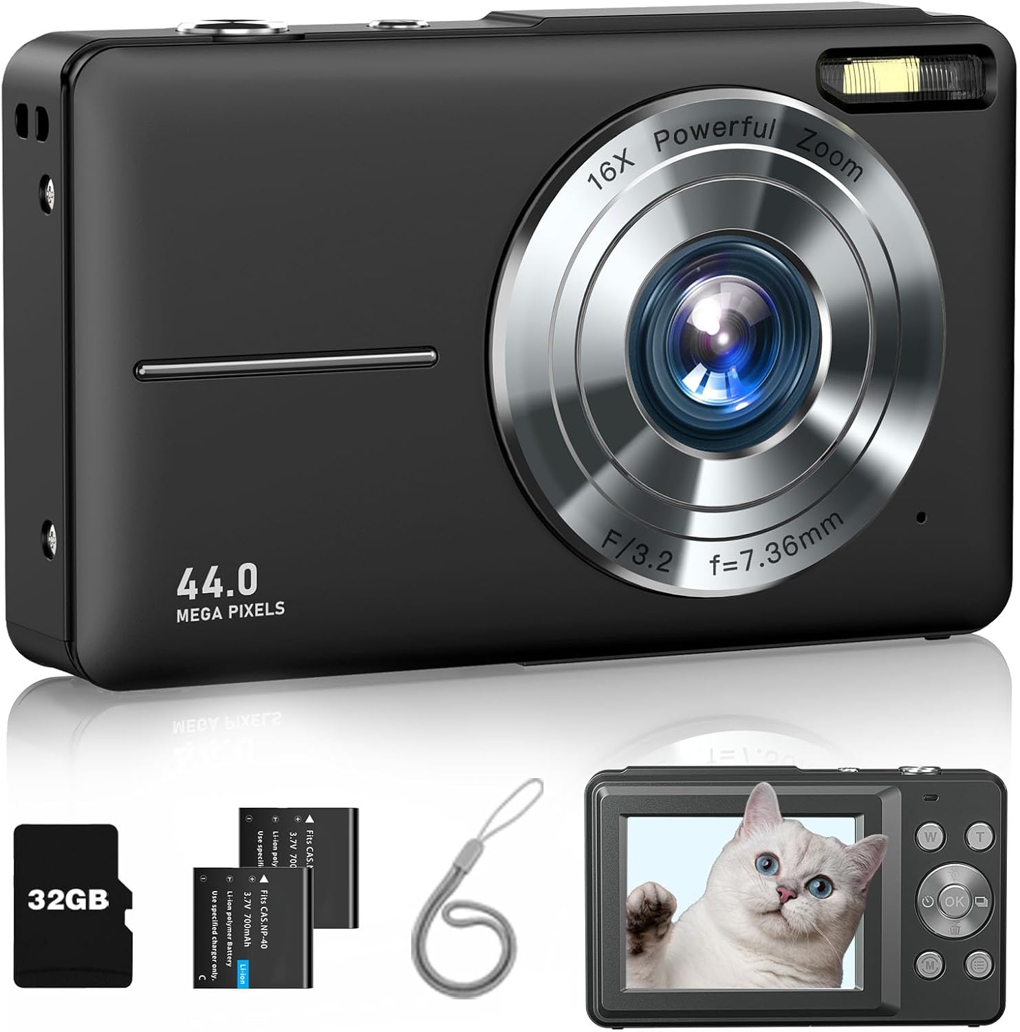 Digital Camera, FHD 1080P Camera, Point and Shoot Camera with 16X Zoom Anti Shake, Compact Small Portable for Boy Girls(Deep Black)