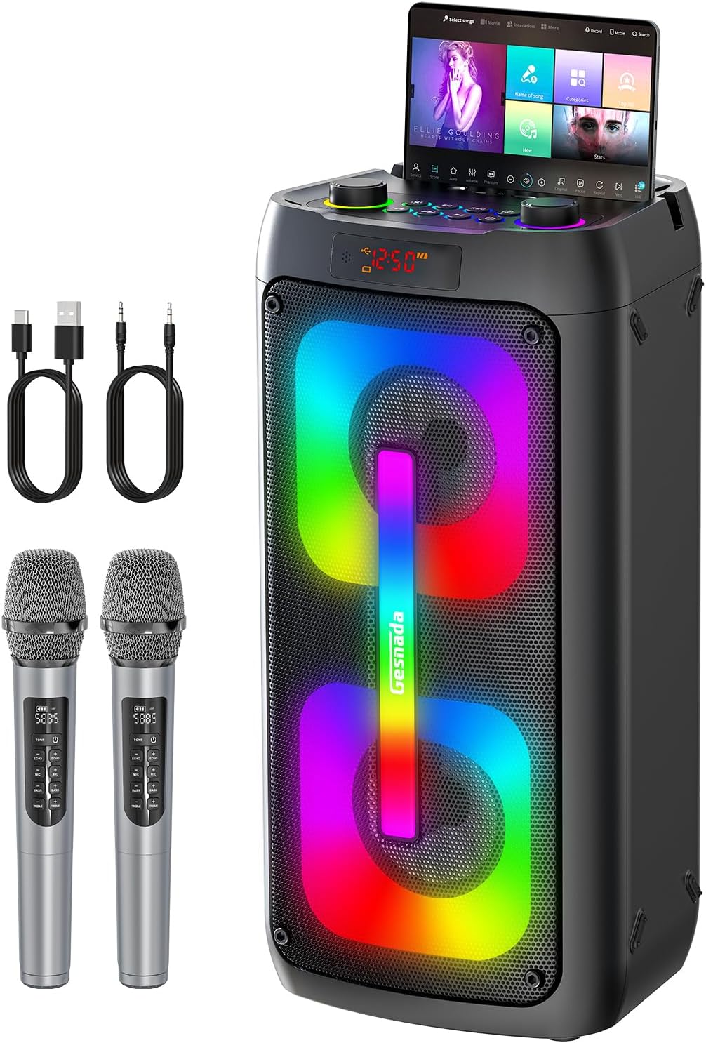 Karaoke Machine & Portable PA System with 2 Wireless Microphones, Bluetooth Speaker, LED Lights, Bluetooth 5.3 & TWS Stereo, Supports Type-C/USB/TF/AUX for Home Party and Outdoor Gatherings