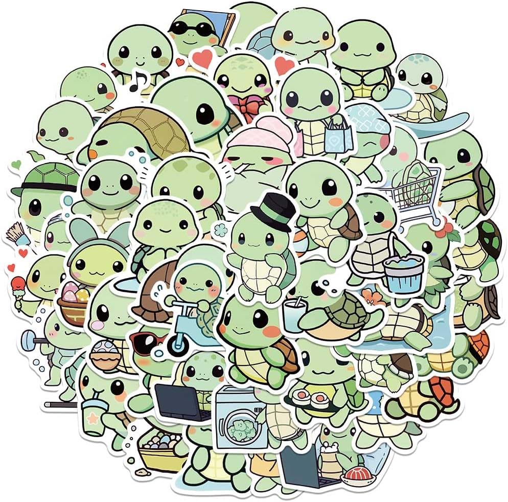Cute Anime Turtle Waterproof Stickers for Kids Boys Girls, 50Pcs Kawaii Sea Turtle Vinyl Stickers Pack for Water Bottle,Laptop, Scrapbook, Skateboard, Tortoise Animals Party Favors