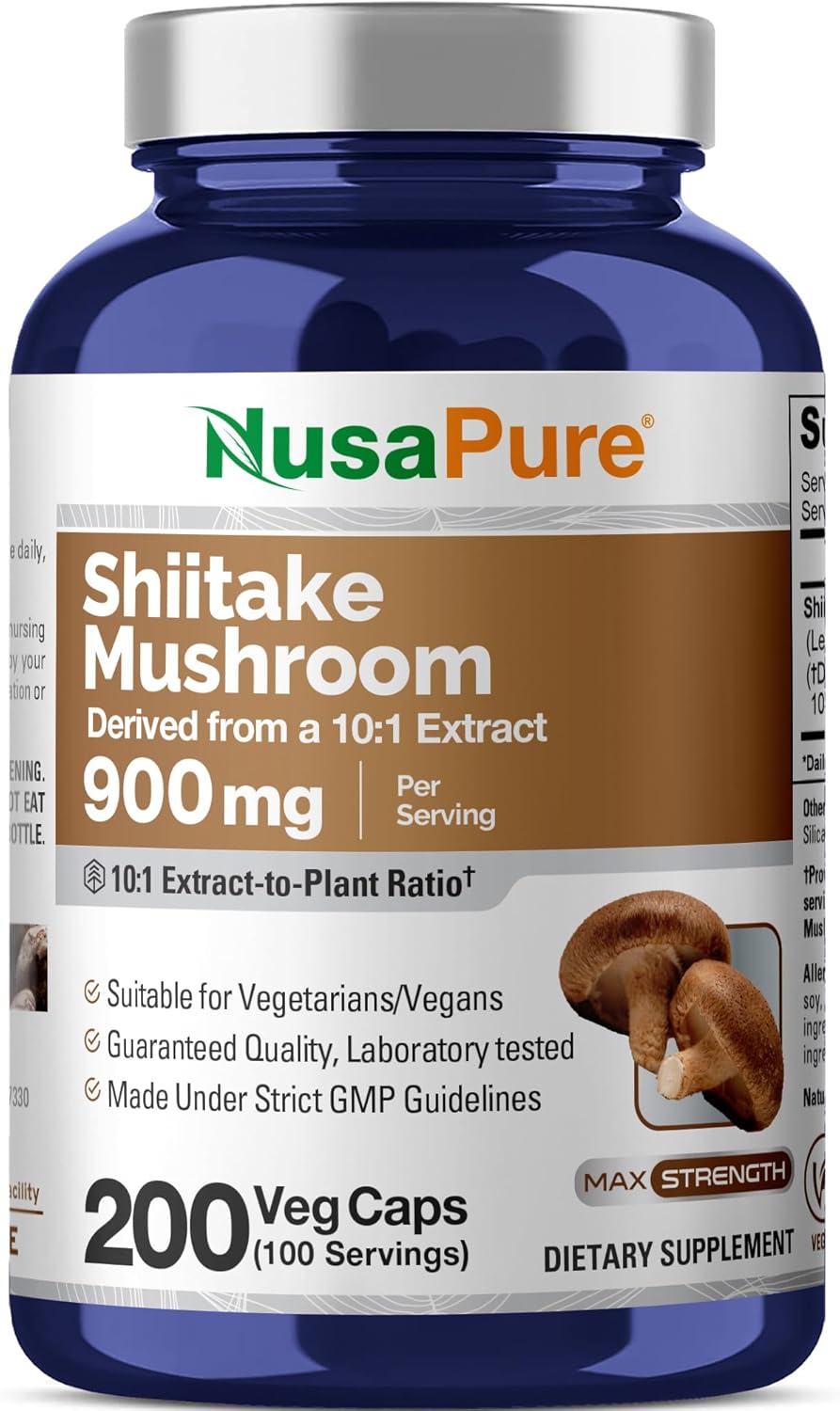 NusaPure Shiitake Mushroom, 900 mg, 200 Veggie Capsules (Non-GMO, Vegan)