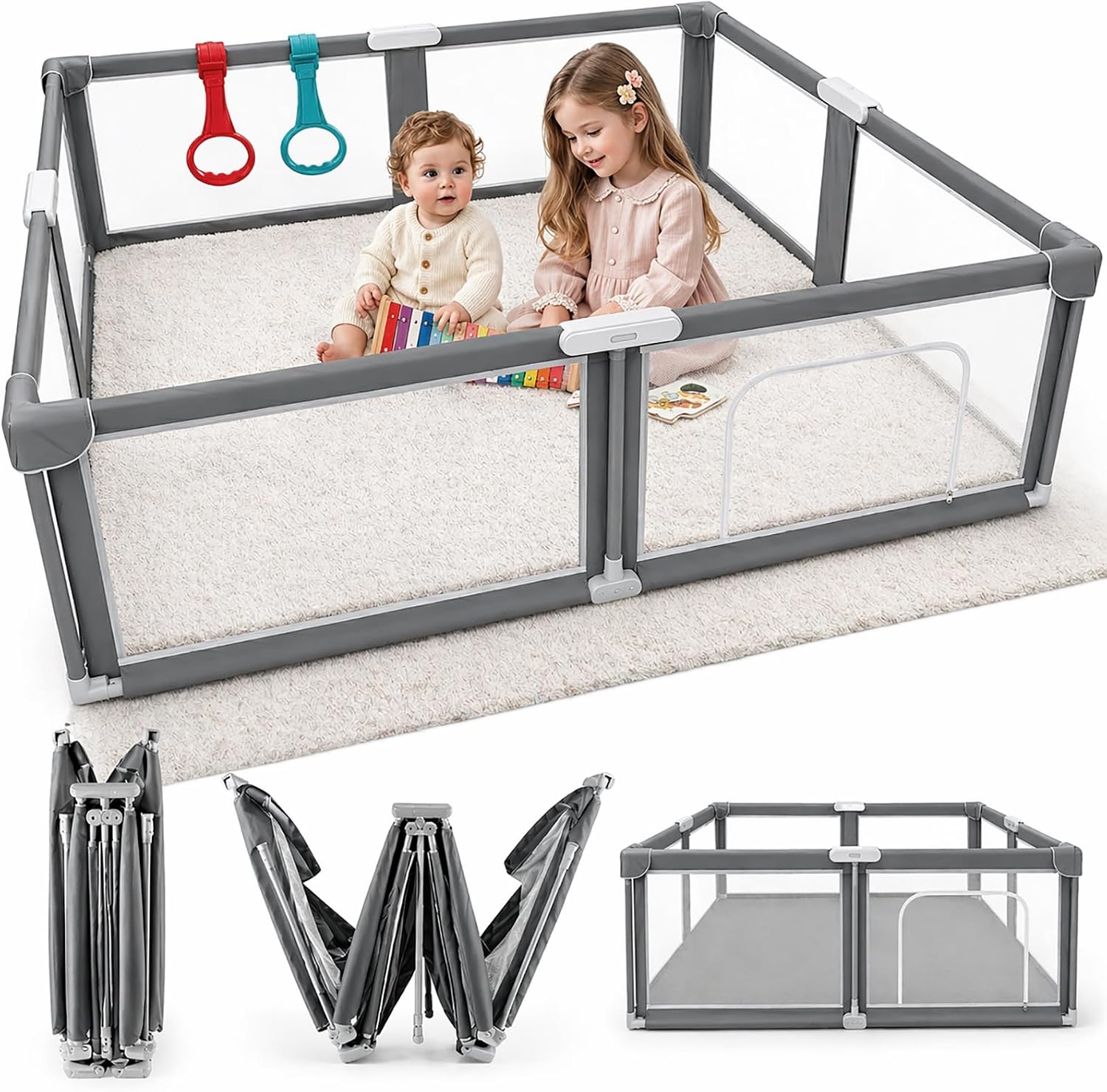 Foldable Baby Playpen - Portable, Spacious & Sturdy Play Yard for Babies and Toddlers, Quick 1-Minute Setup, Travel-Friendly, Safe & Durable for Indoor and Outdoor Use (Grey, 59x71 inches)