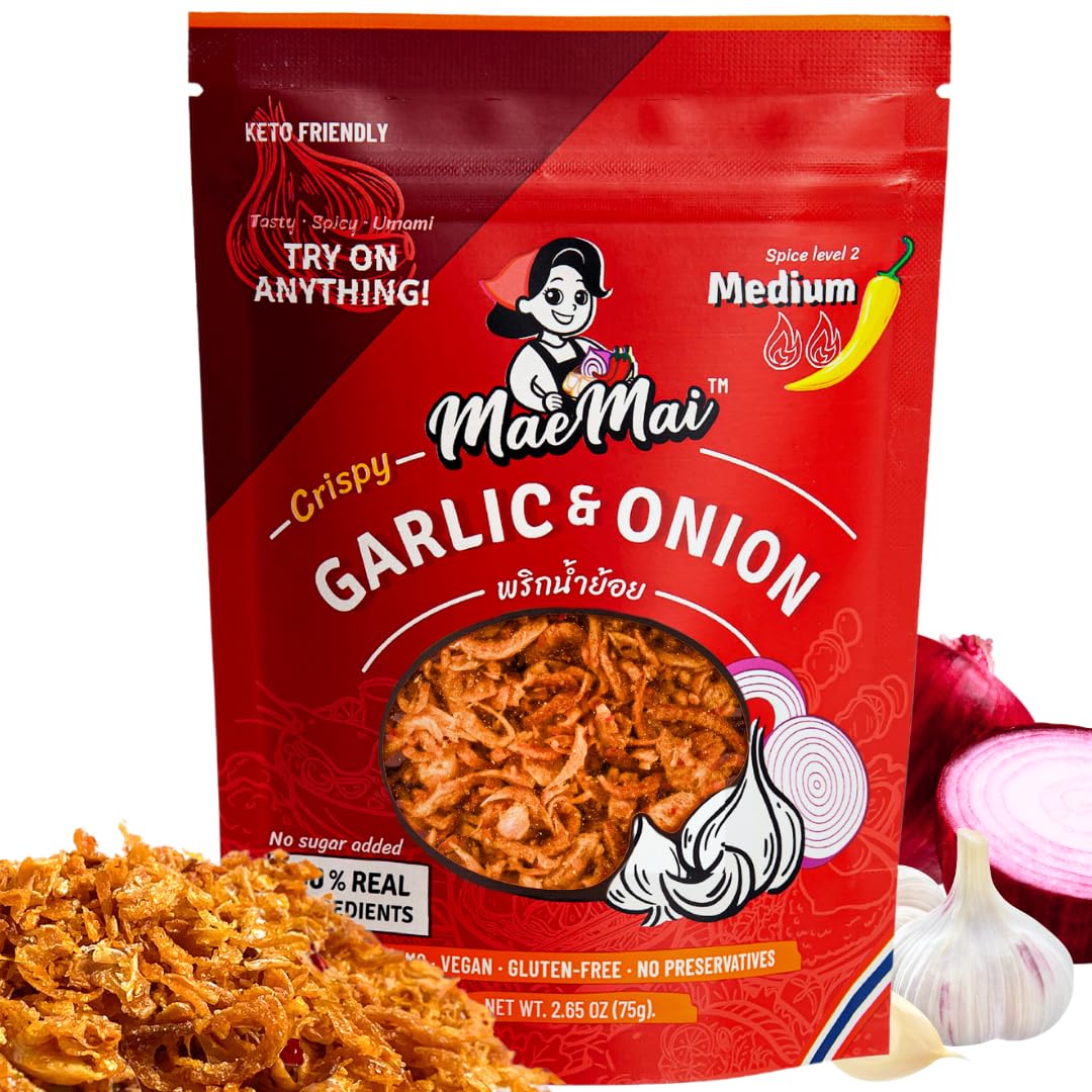 MaeMai Medium Spice (SPICY) - Crispy Onions & Garlic Flakes - Crunchy All-Purpose Seasoning, Keto, Salad Toppings, Fried Onions - Ramen, Rice Seasoning, Vegan, Gluten-free | 3.17oz (90g)