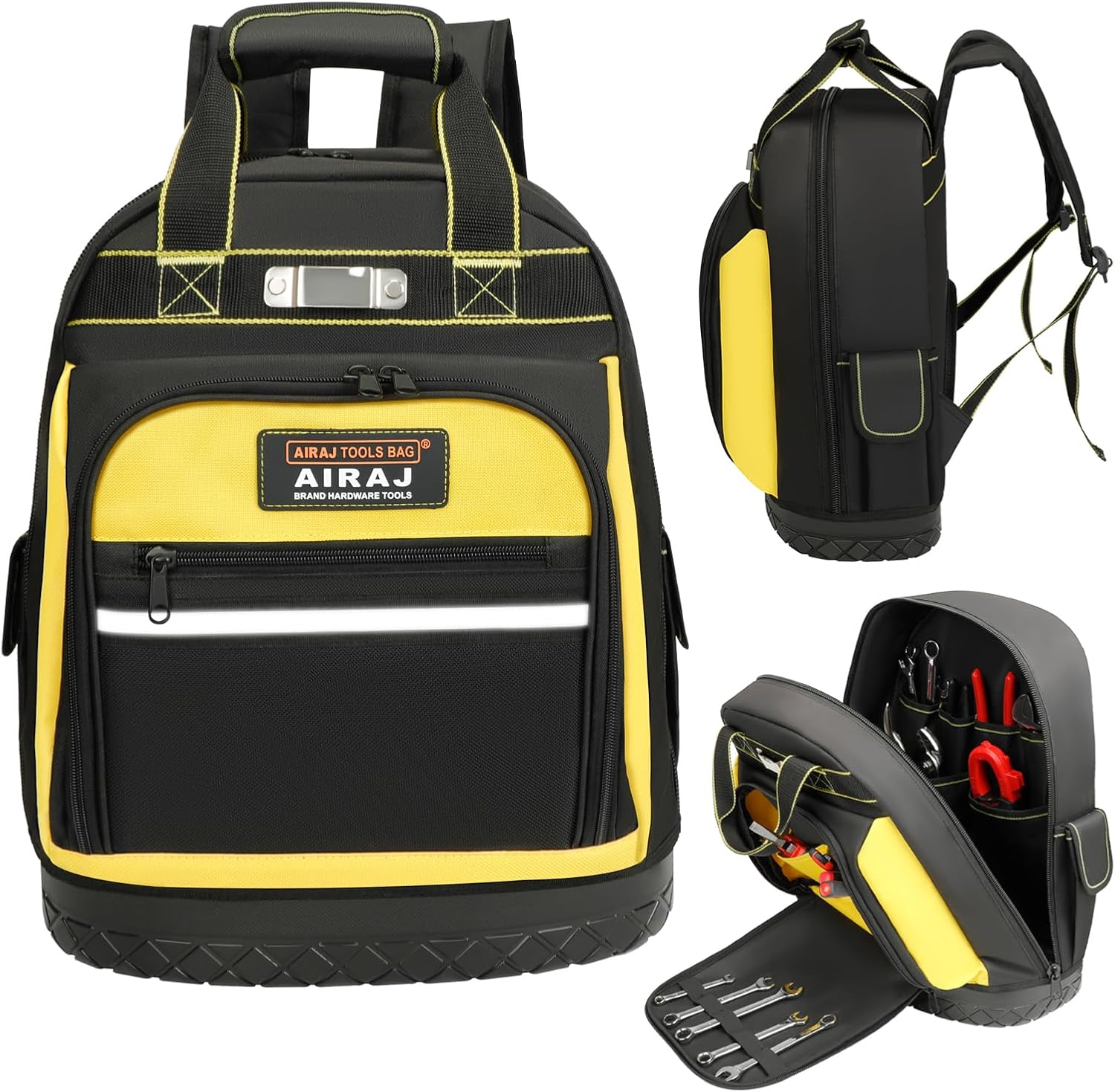 AIRAJ Heavy Duty Tool Backpack,17 Inch Tool Bag Backpack with Waterproof Molded Hard Base,Durable Tool Bag with Reinforced Stitching,Waist-Support,Work backpack for Industrial,Electrician,Construction