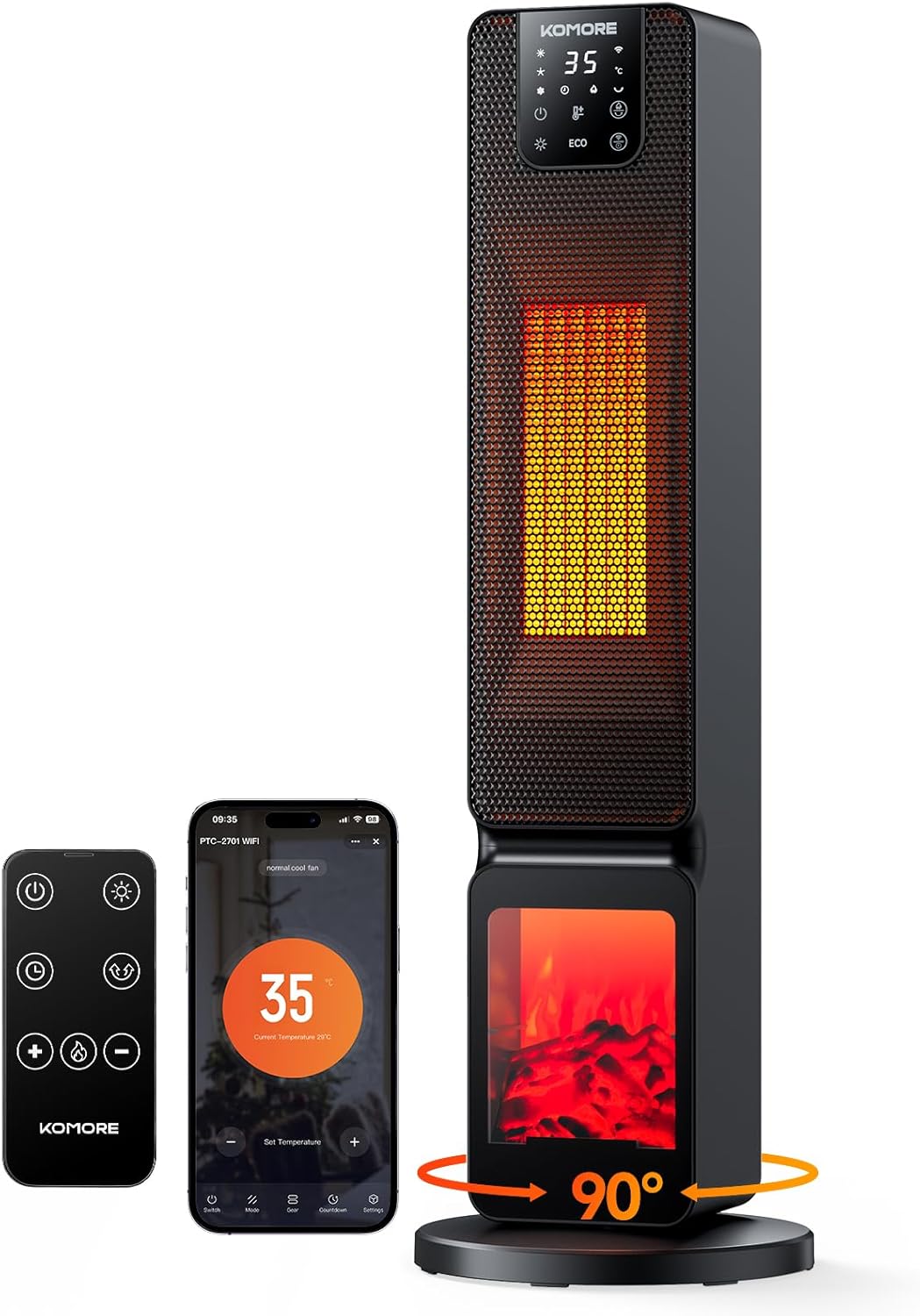 Heater with Fireplace, 2000W WIFI APP Electric Tower Heater for Home, 90°Oscillation PTC Fan Heater, 4 Modes, ECO Adjustable Temperature, LED Display, 12h/7d Timer, Remote Control